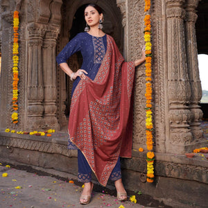 Navy Blue Partywear Foil Print With Embroidered Cotton Silk Suit - Peachmode
