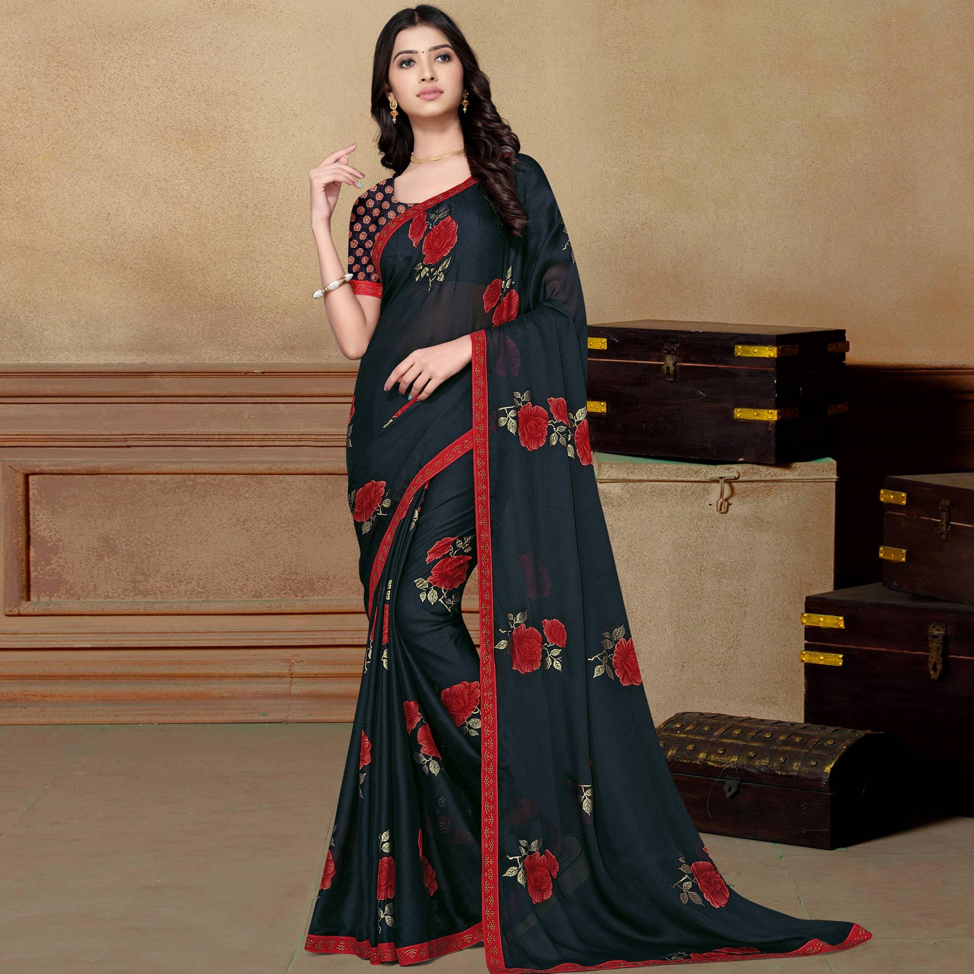 Navy Blue Partywear Foil Printed & Embellished Moss Chiffon Saree - Peachmode