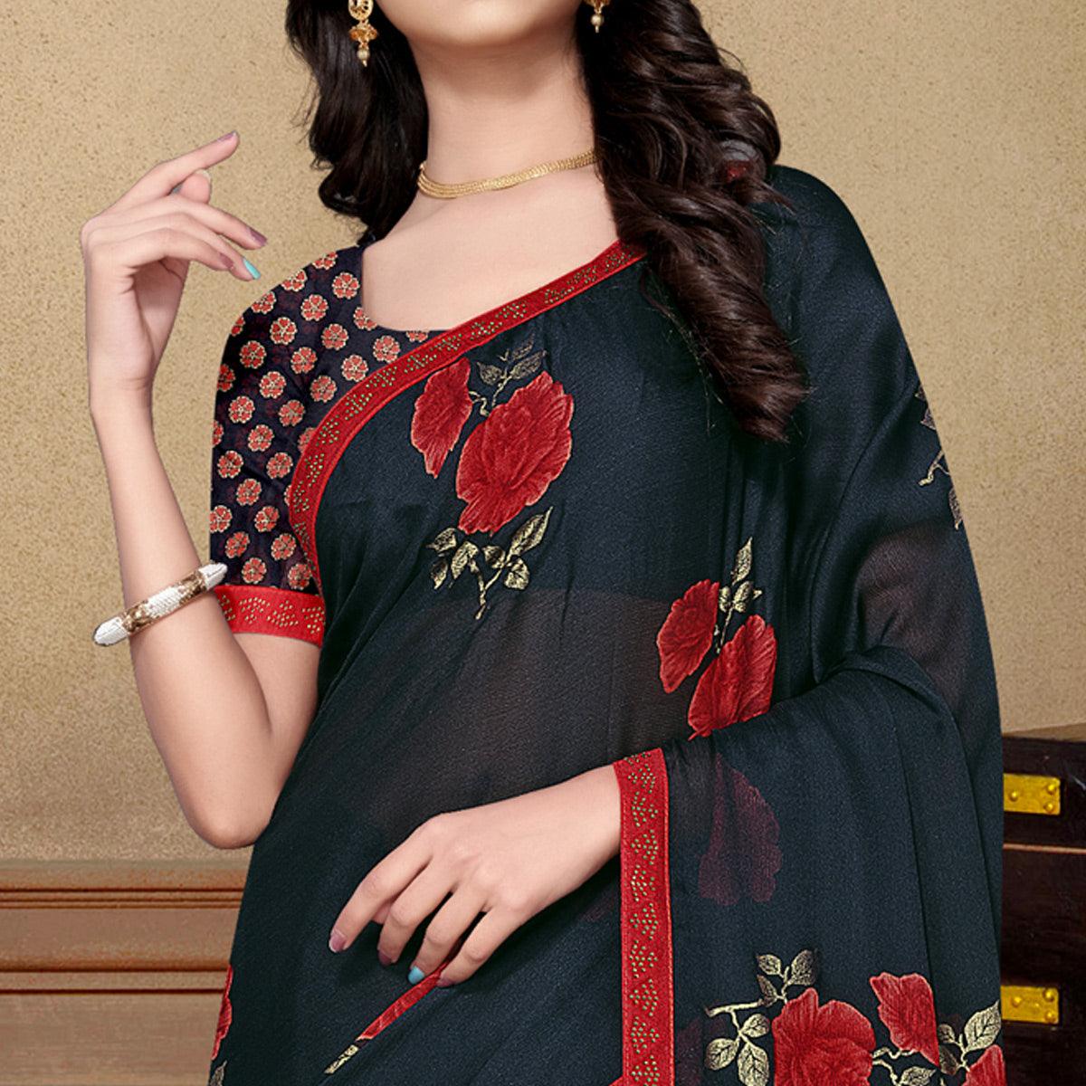 Navy Blue Partywear Foil Printed & Embellished Moss Chiffon Saree - Peachmode