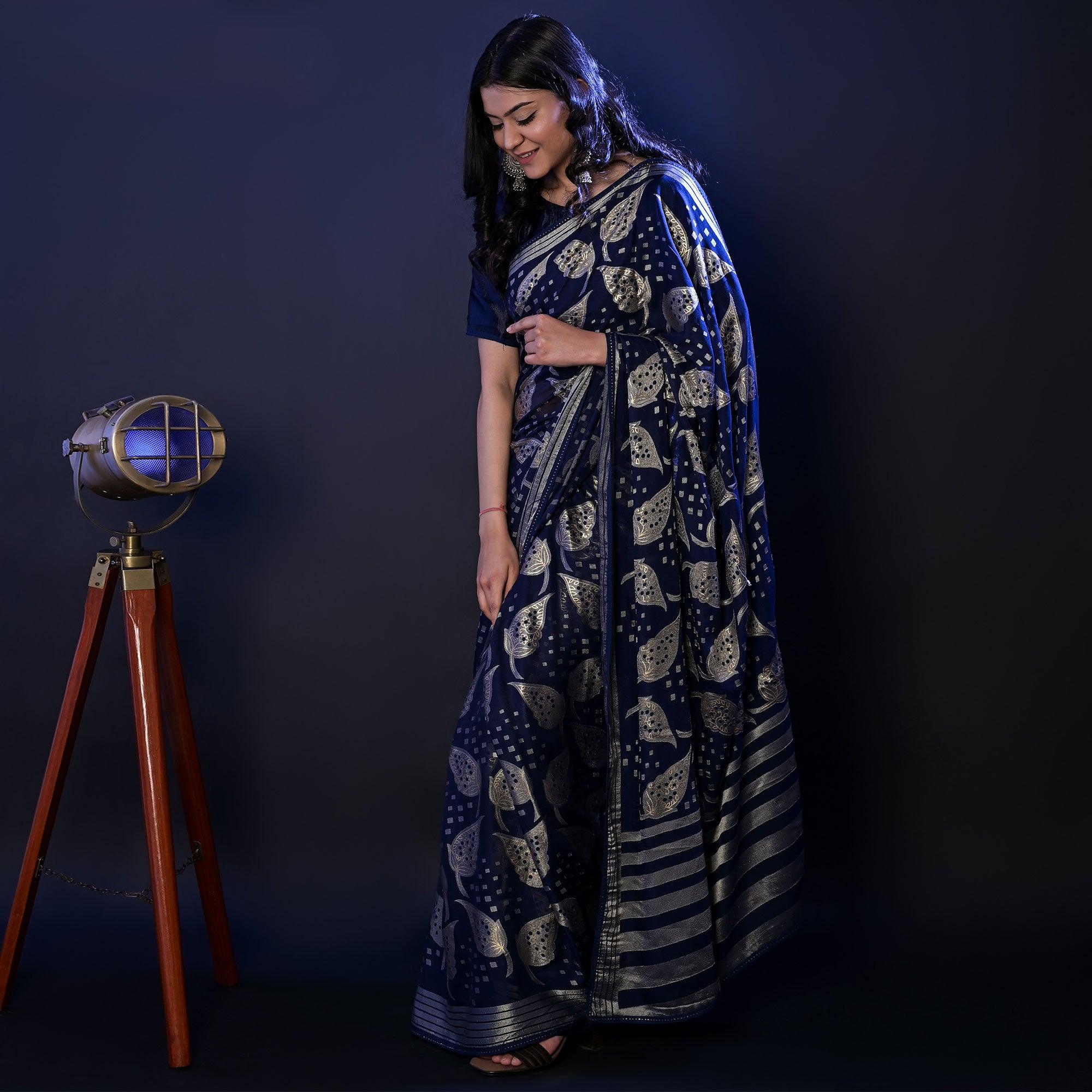 Navy Blue Partywear Foil Printed Diamond Lace Brasso Saree - Peachmode