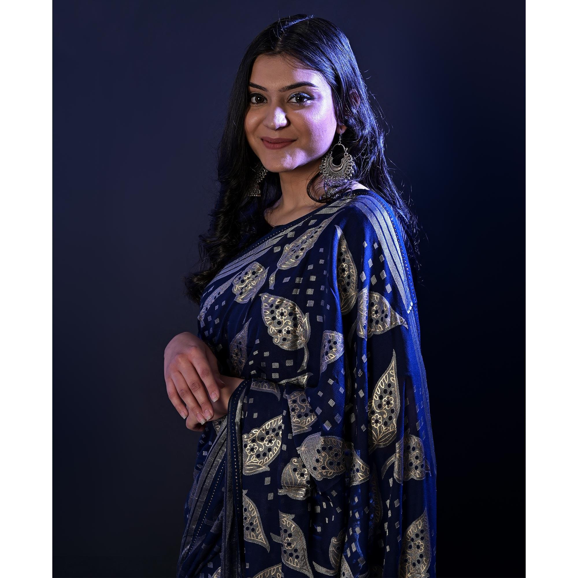 Navy Blue Partywear Foil Printed Diamond Lace Brasso Saree - Peachmode