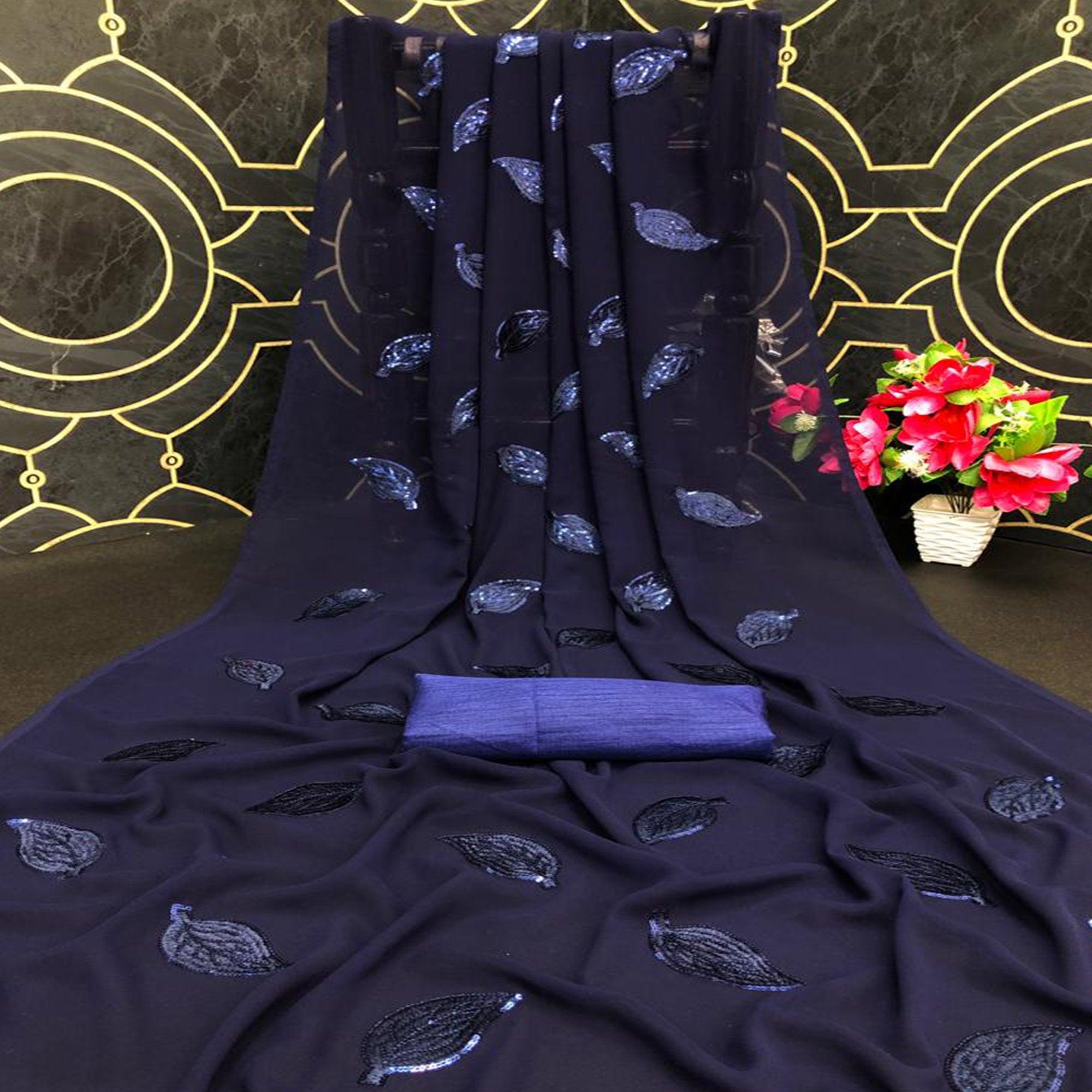 Navy Blue Partywear Leaf Sequence Georgette Saree - Peachmode