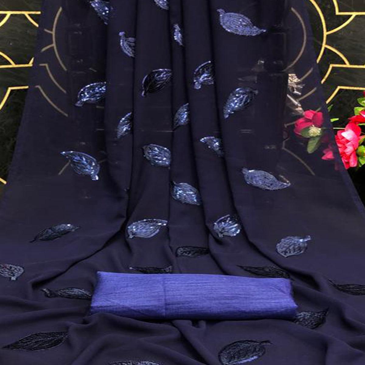 Navy Blue Partywear Leaf Sequence Georgette Saree - Peachmode