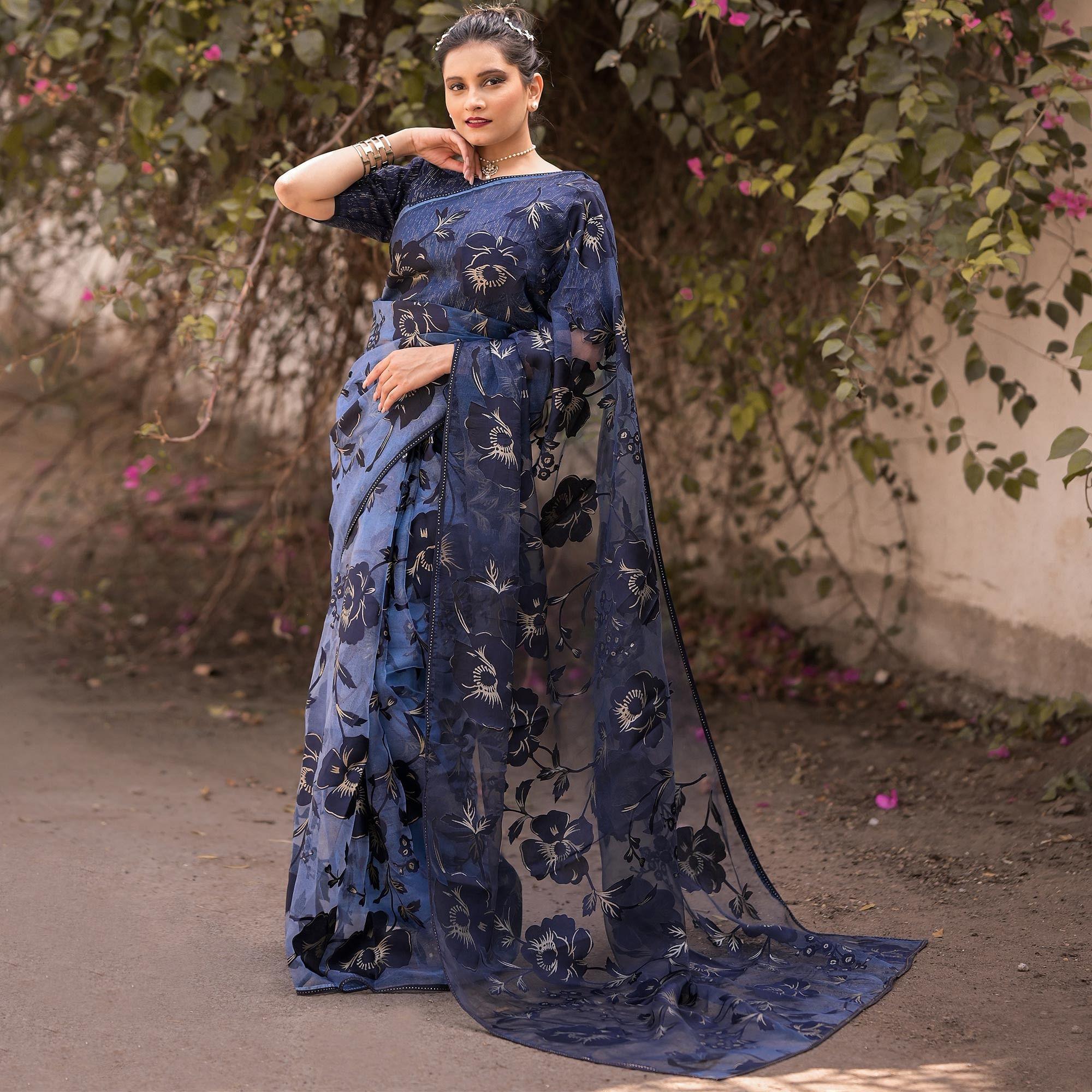 Navy Blue Partywear Piping Stone Velvet Zari Organza Saree - Peachmode