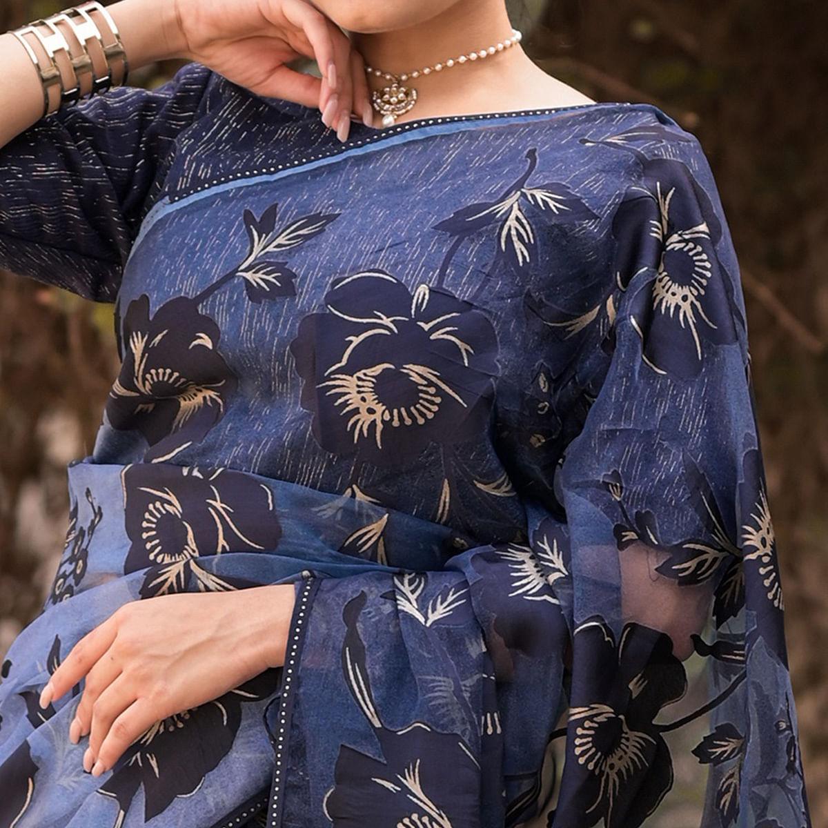 Navy Blue Partywear Piping Stone Velvet Zari Organza Saree - Peachmode