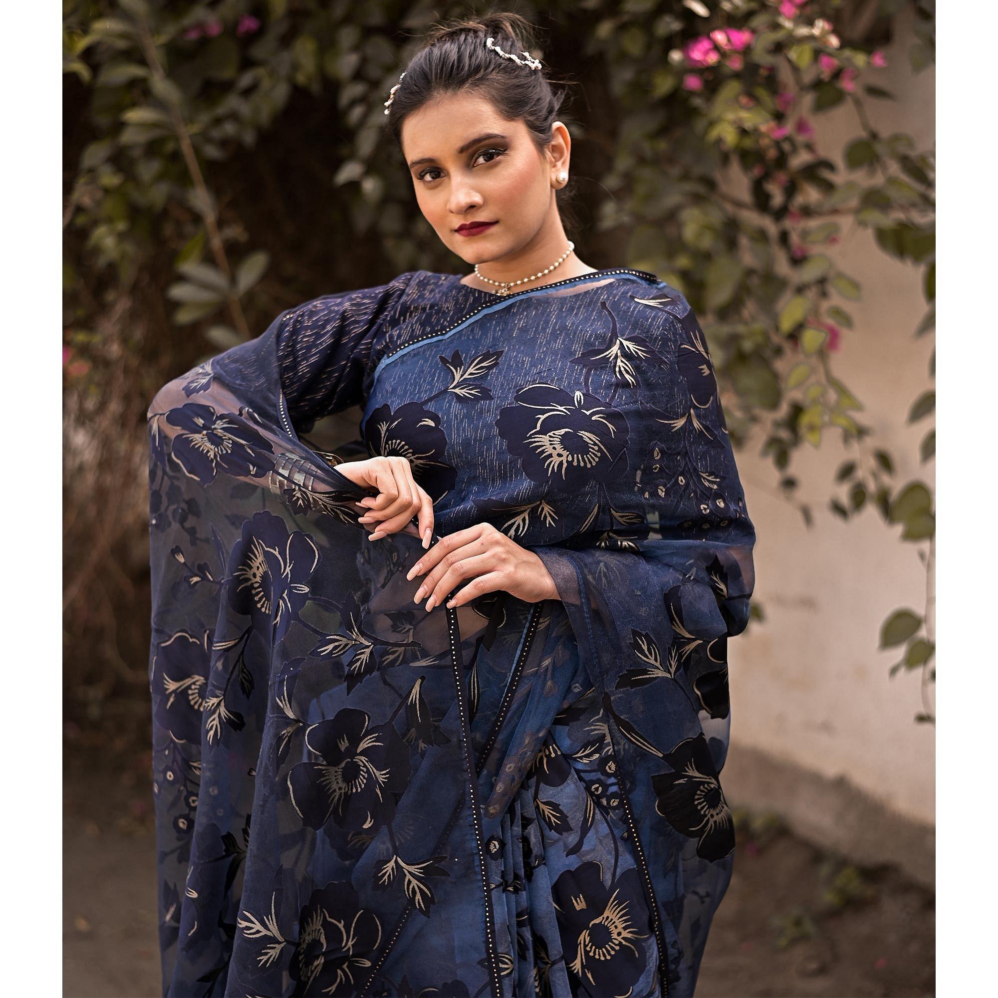 Navy Blue Partywear Piping Stone Velvet Zari Organza Saree - Peachmode