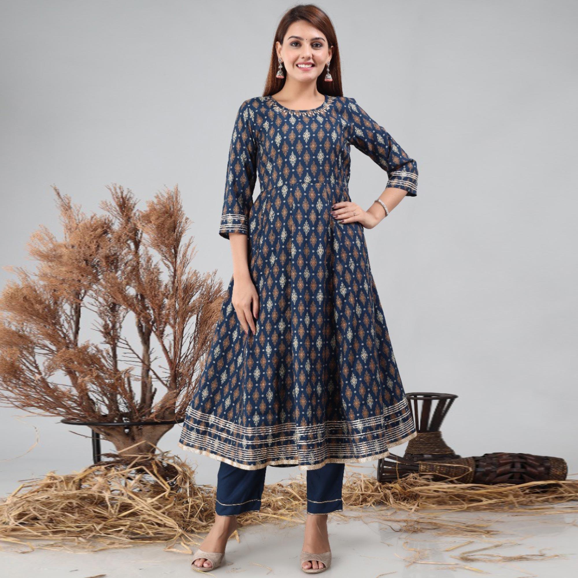 Navy Blue Partywear Printed With Gota Patti Cotton Anarkali Suit - Peachmode