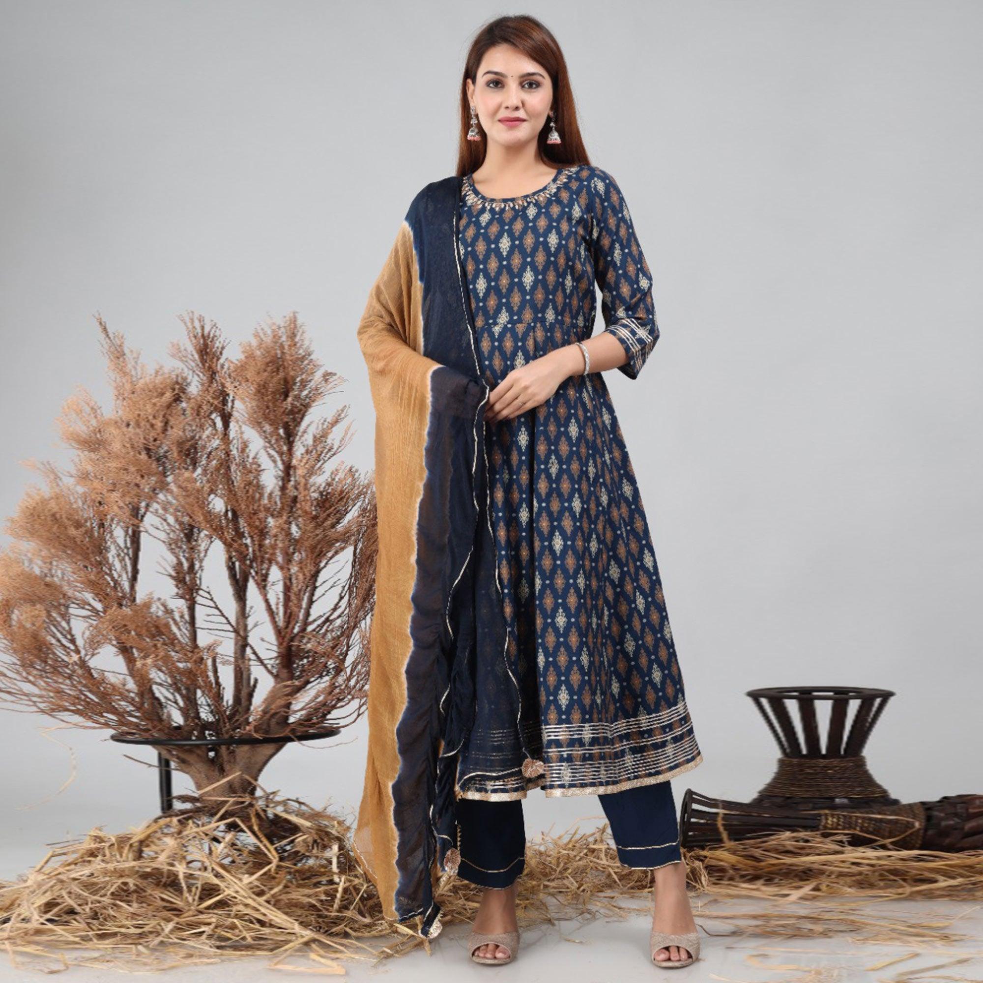 Navy Blue Partywear Printed With Gota Patti Cotton Anarkali Suit - Peachmode