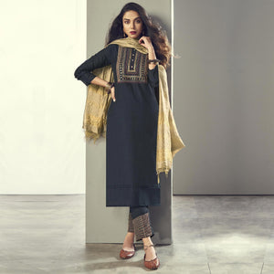 Navy Blue Partywear Sequence Pure Viscose Silk Suit - Peachmode
