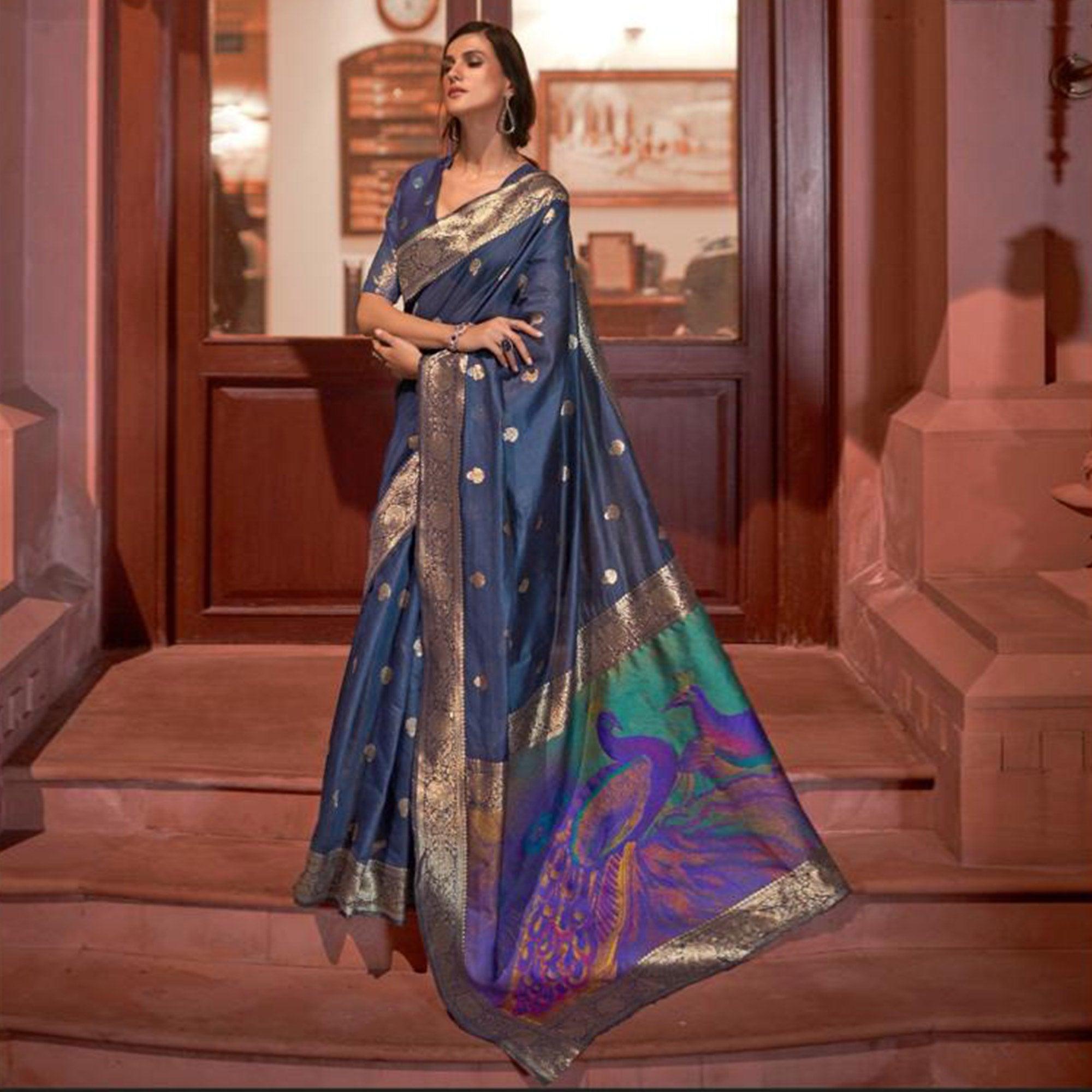 Navy Blue Partywear Woven Silk Saree - Peachmode