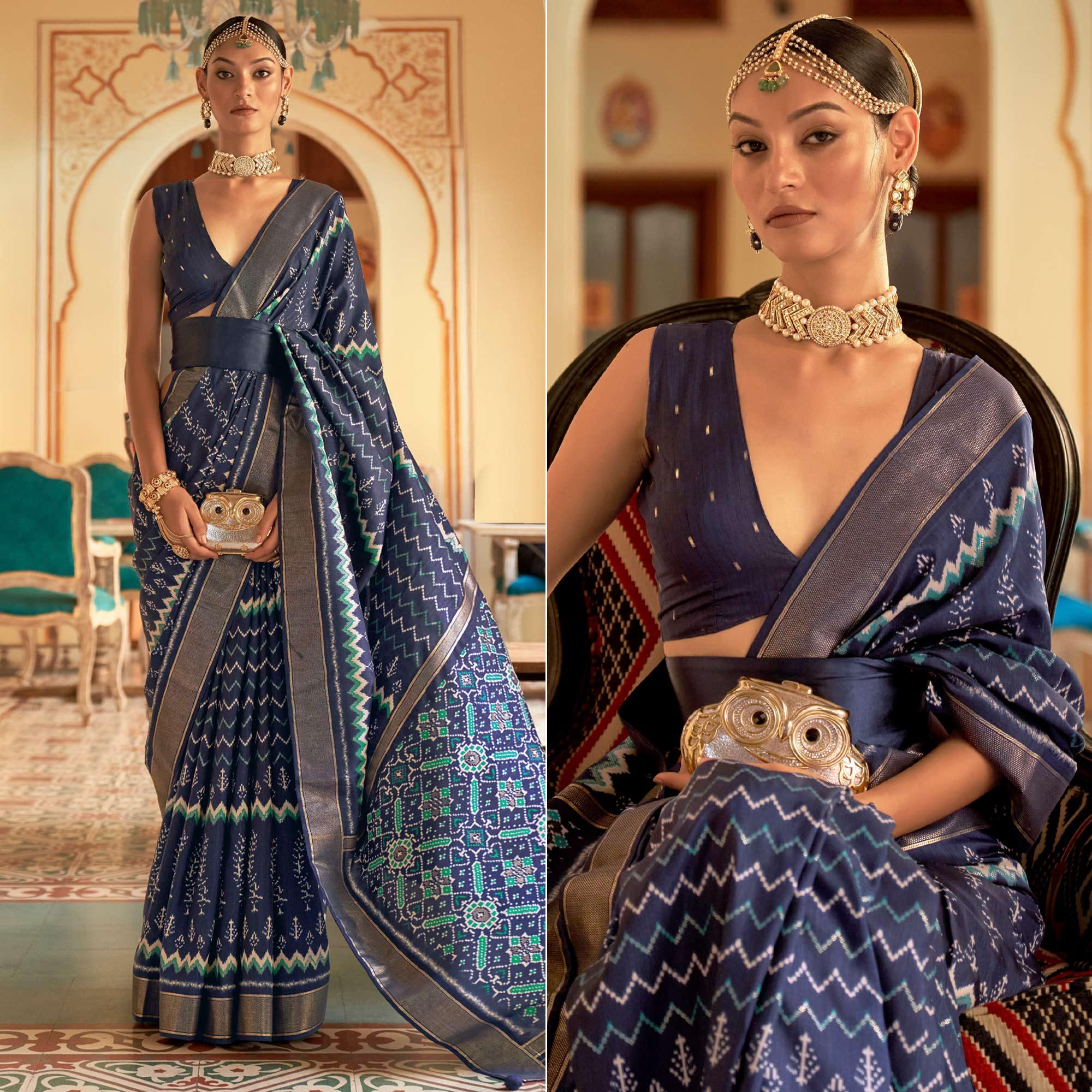 Navy Blue Patola Printed Art Silk Saree - Peachmode