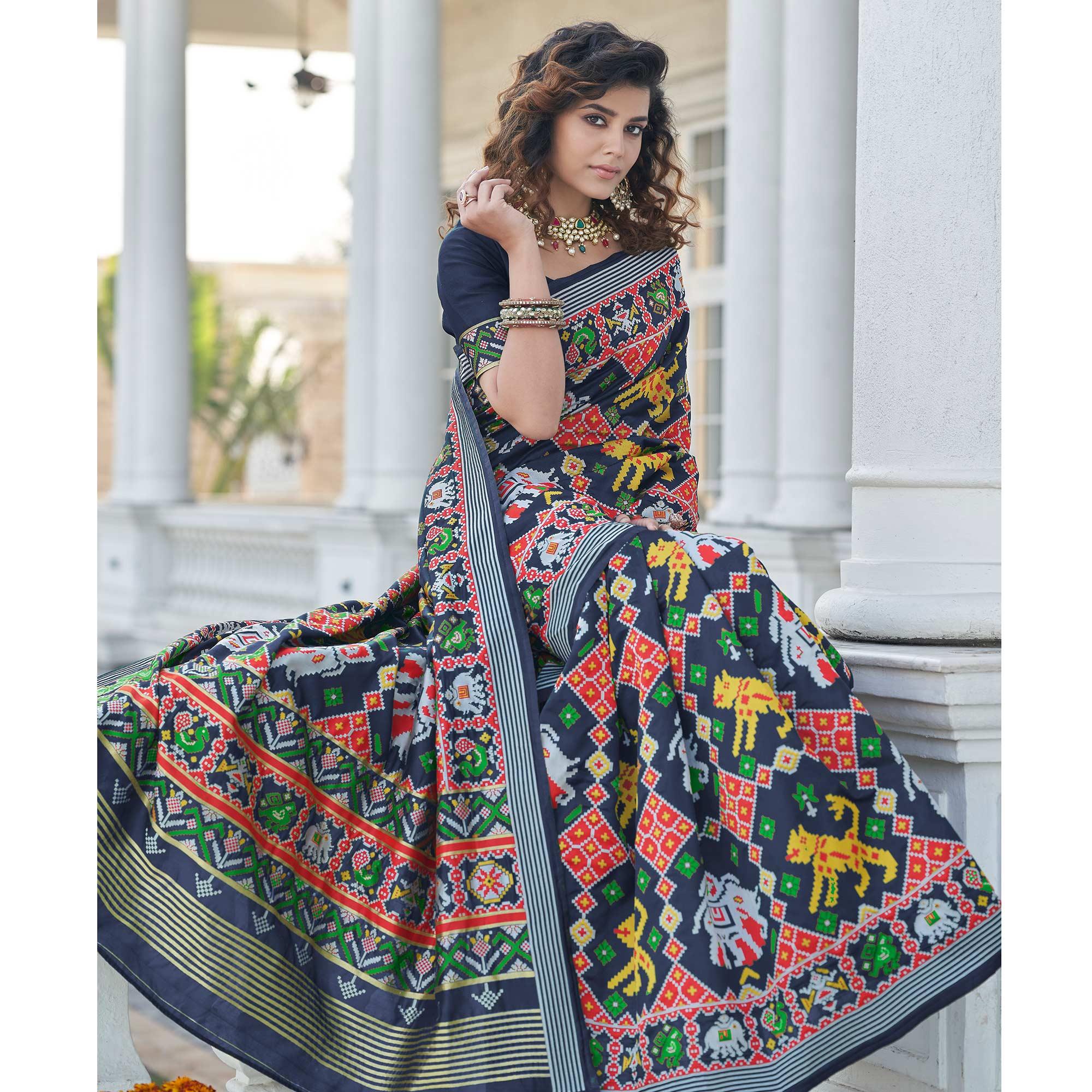 Navy Blue Patola Printed Art Silk Saree - Peachmode