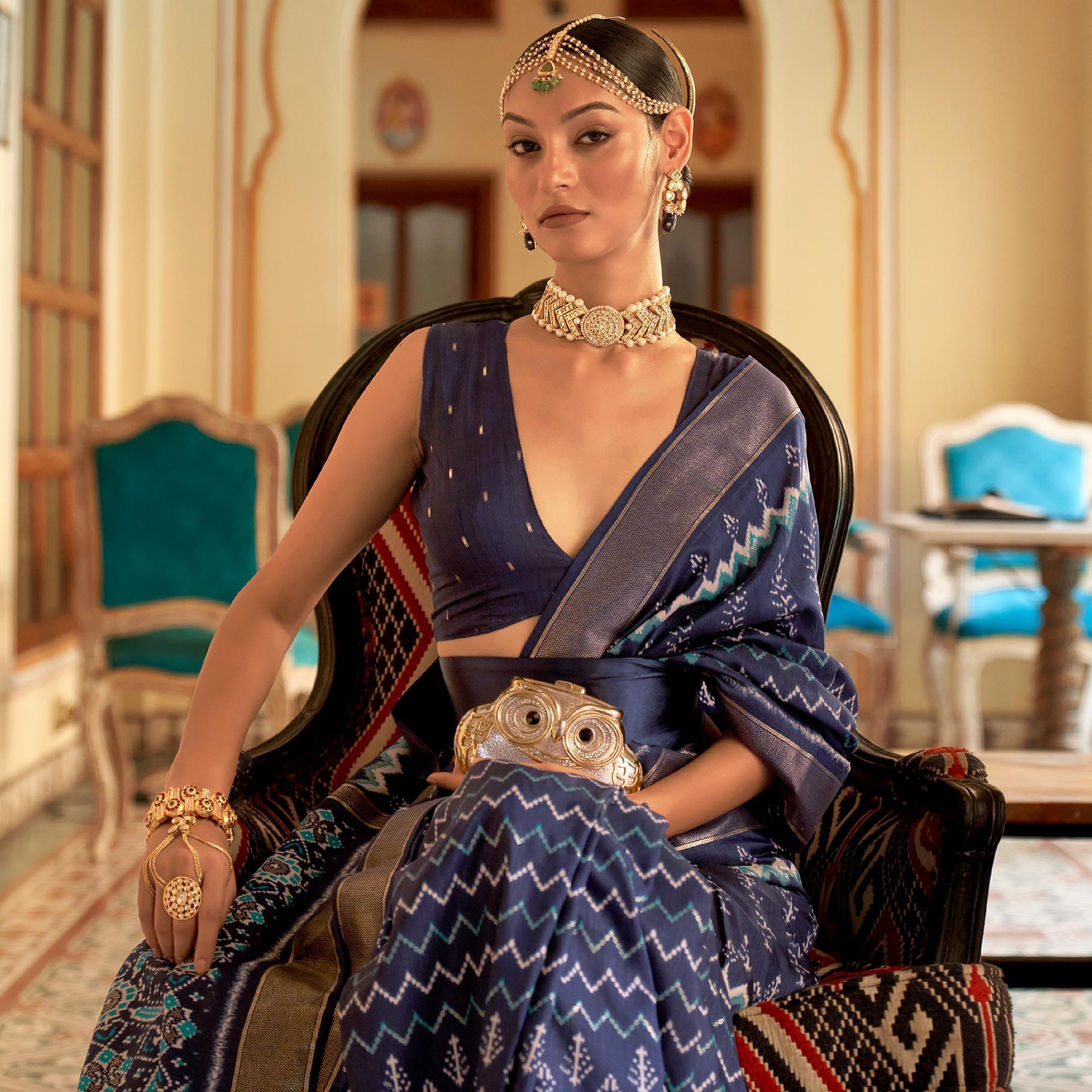 Navy Blue Patola Printed Art Silk Saree - Peachmode