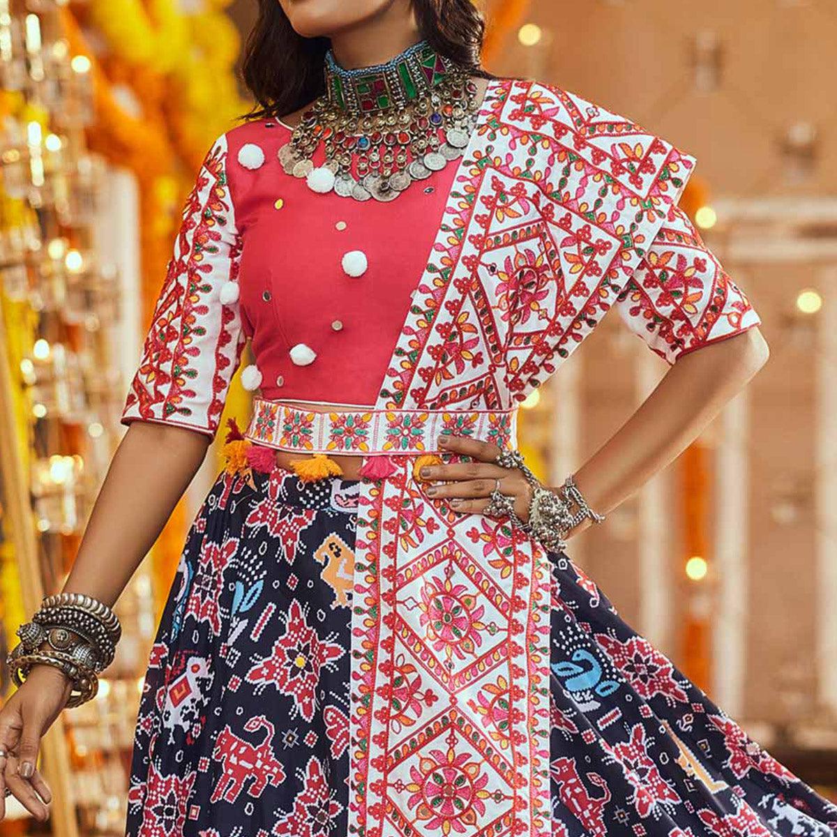 Navy Blue Patola Printed Muslin Lehenga Choli - Peachmode
