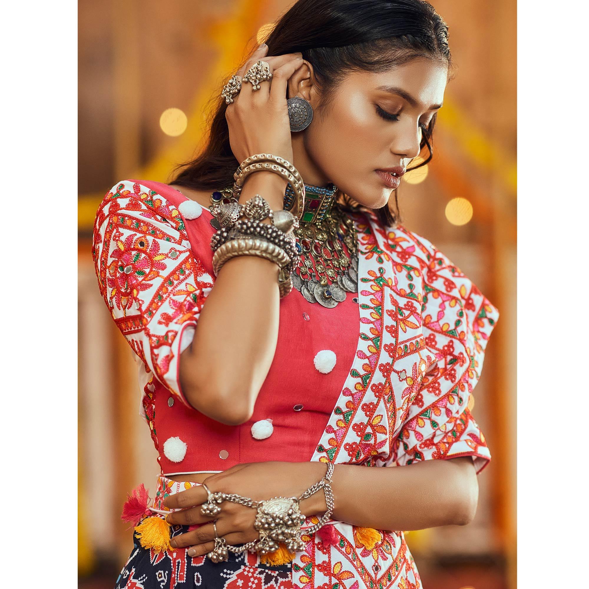 Navy Blue Patola Printed Muslin Lehenga Choli - Peachmode