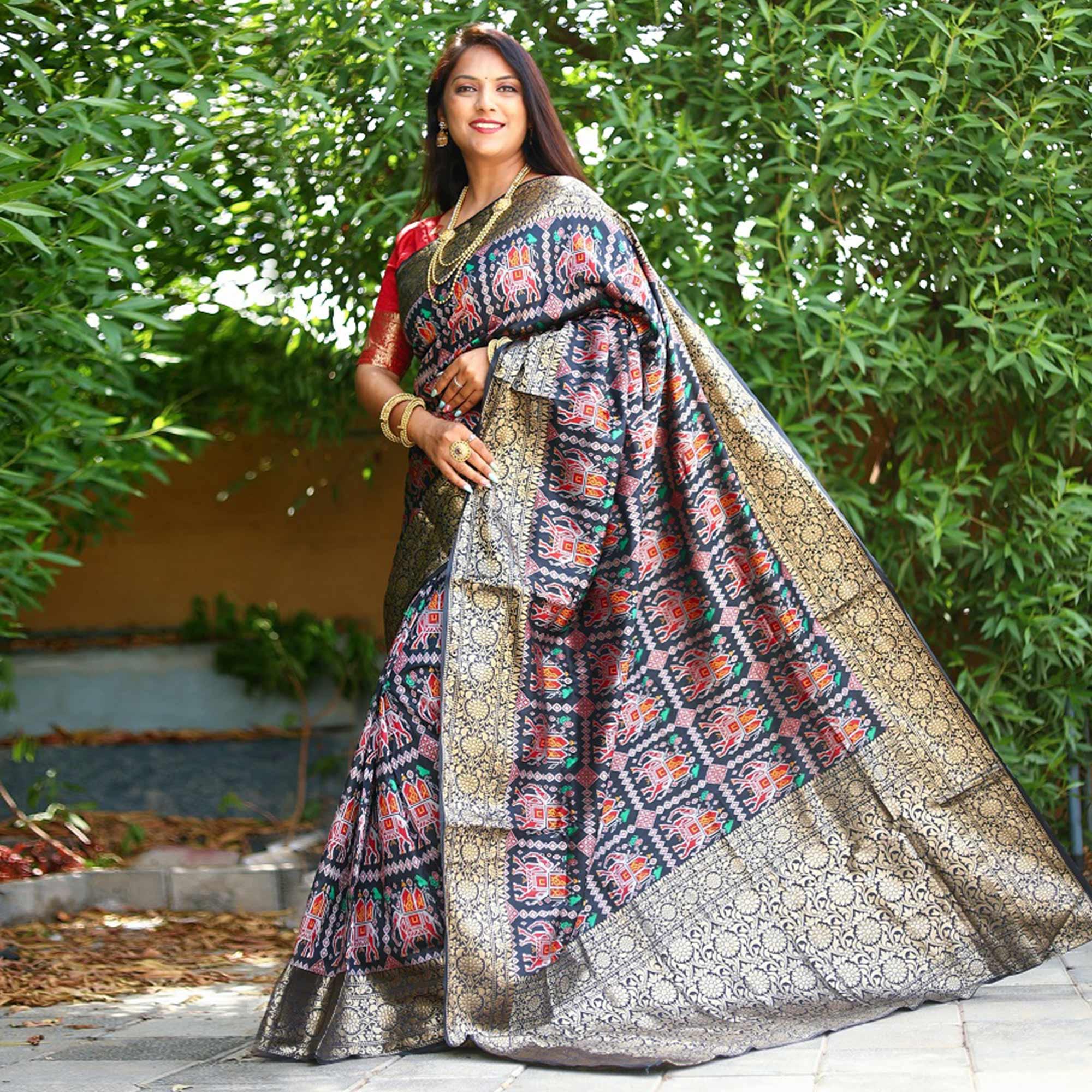 Navy Blue Patola Printed Silk Saree - Peachmode