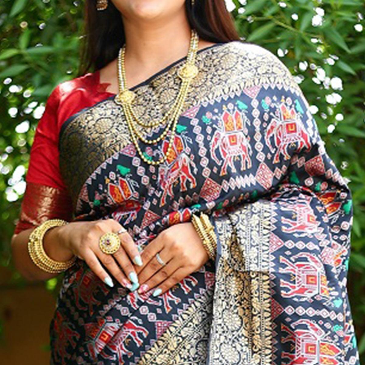 Navy Blue Patola Printed Silk Saree - Peachmode