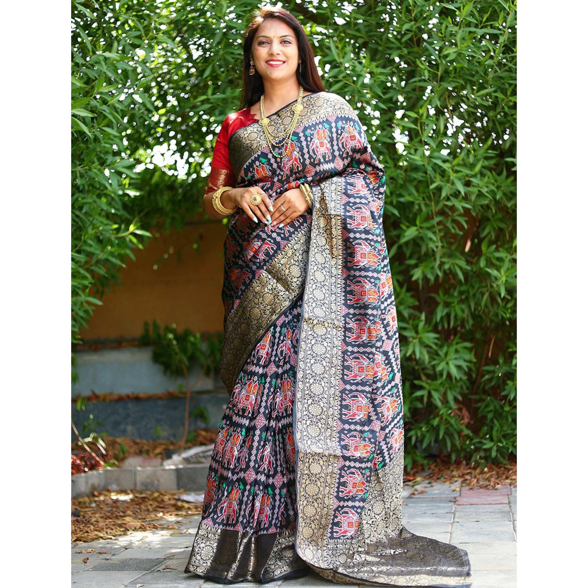 Navy Blue Patola Printed Silk Saree - Peachmode