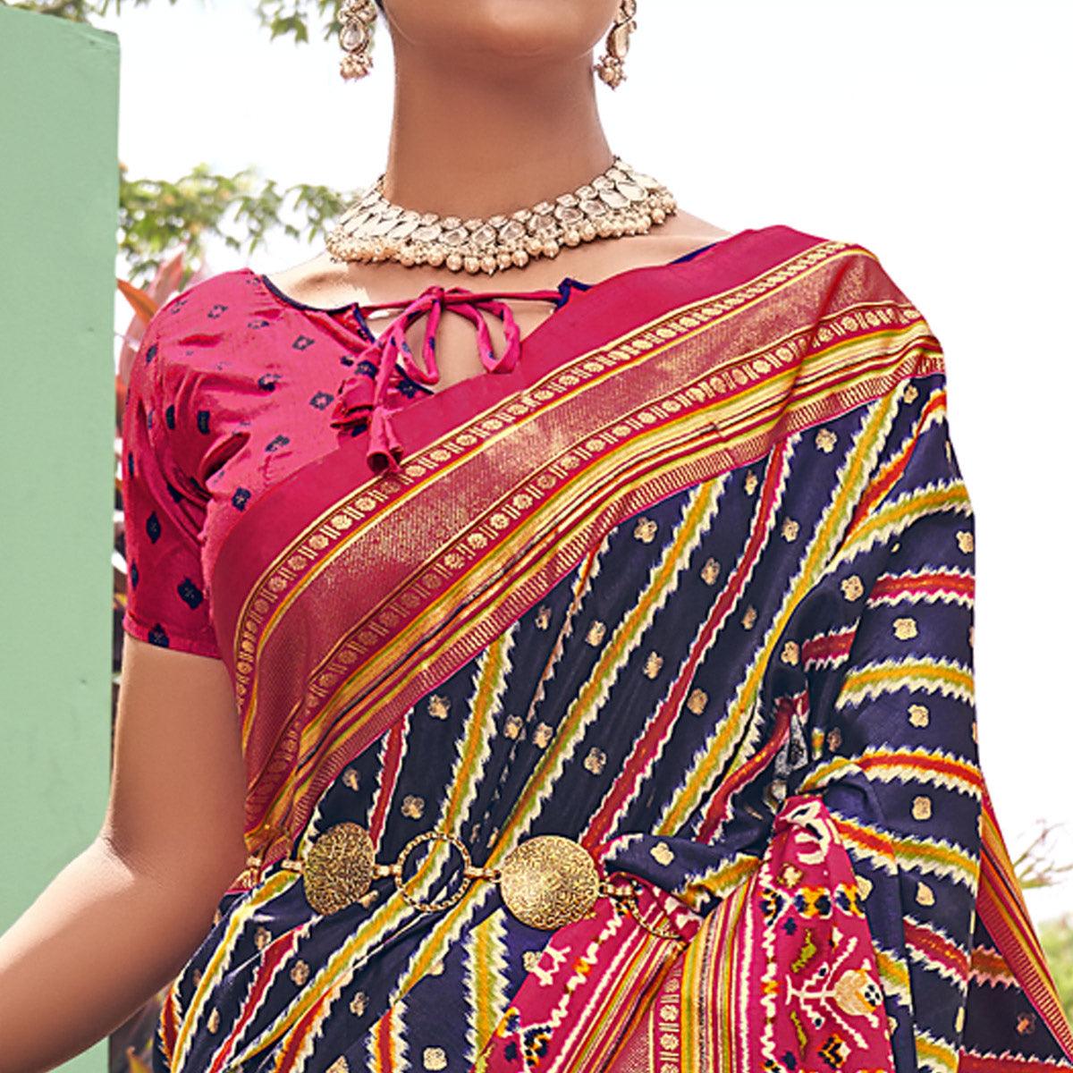 Navy Blue Patola Printed Silk Saree With Tassels - Peachmode