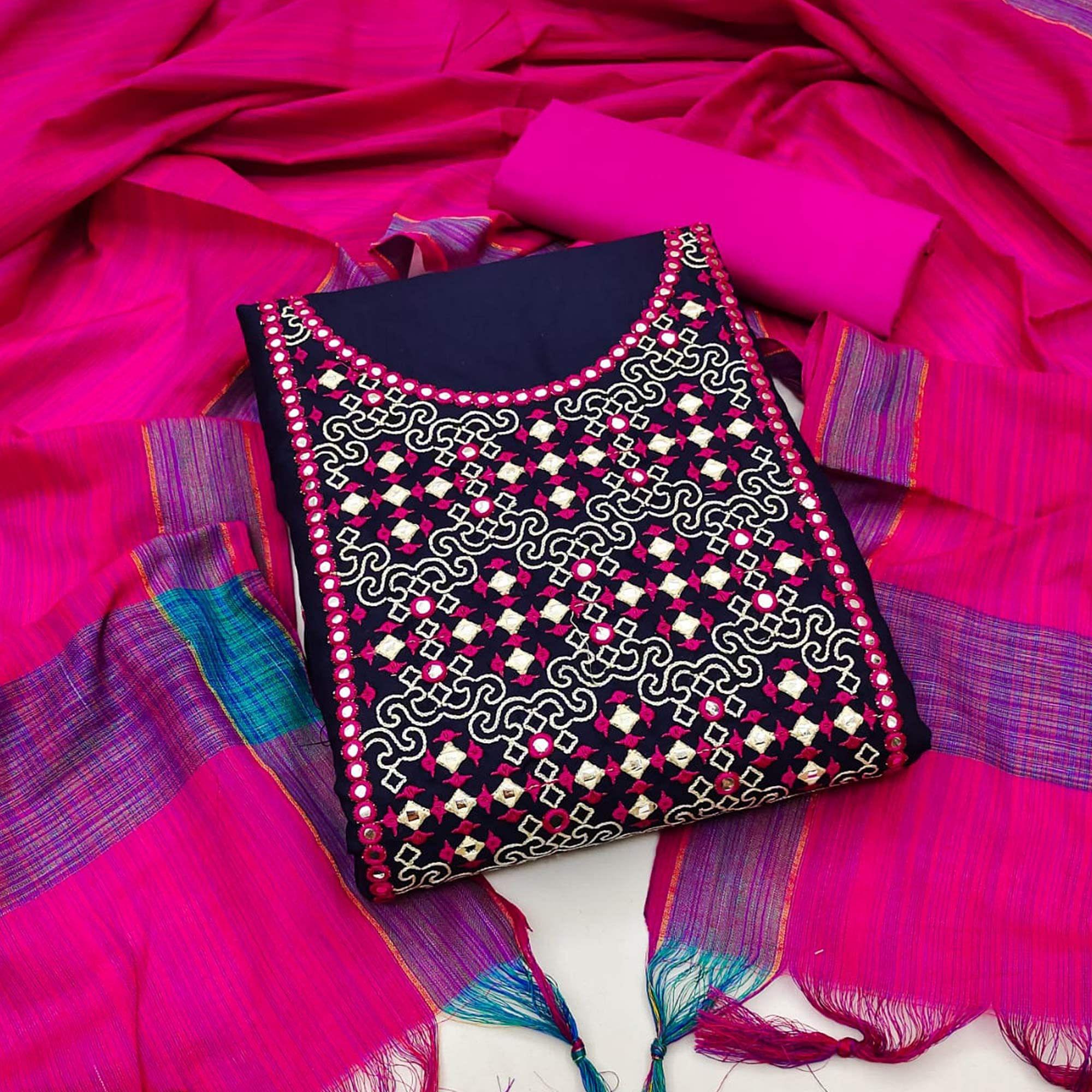 Navy Blue-Pink Embroidered Pure Cotton Dress Material - Peachmode
