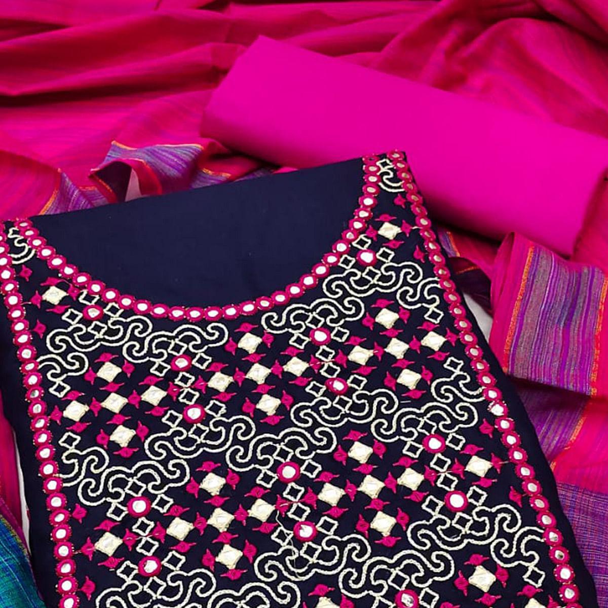 Navy Blue-Pink Embroidered Pure Cotton Dress Material - Peachmode