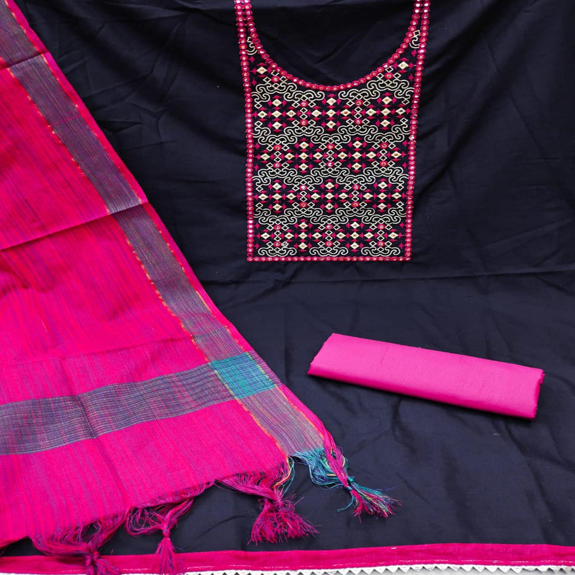 Navy Blue-Pink Embroidered Pure Cotton Dress Material - Peachmode