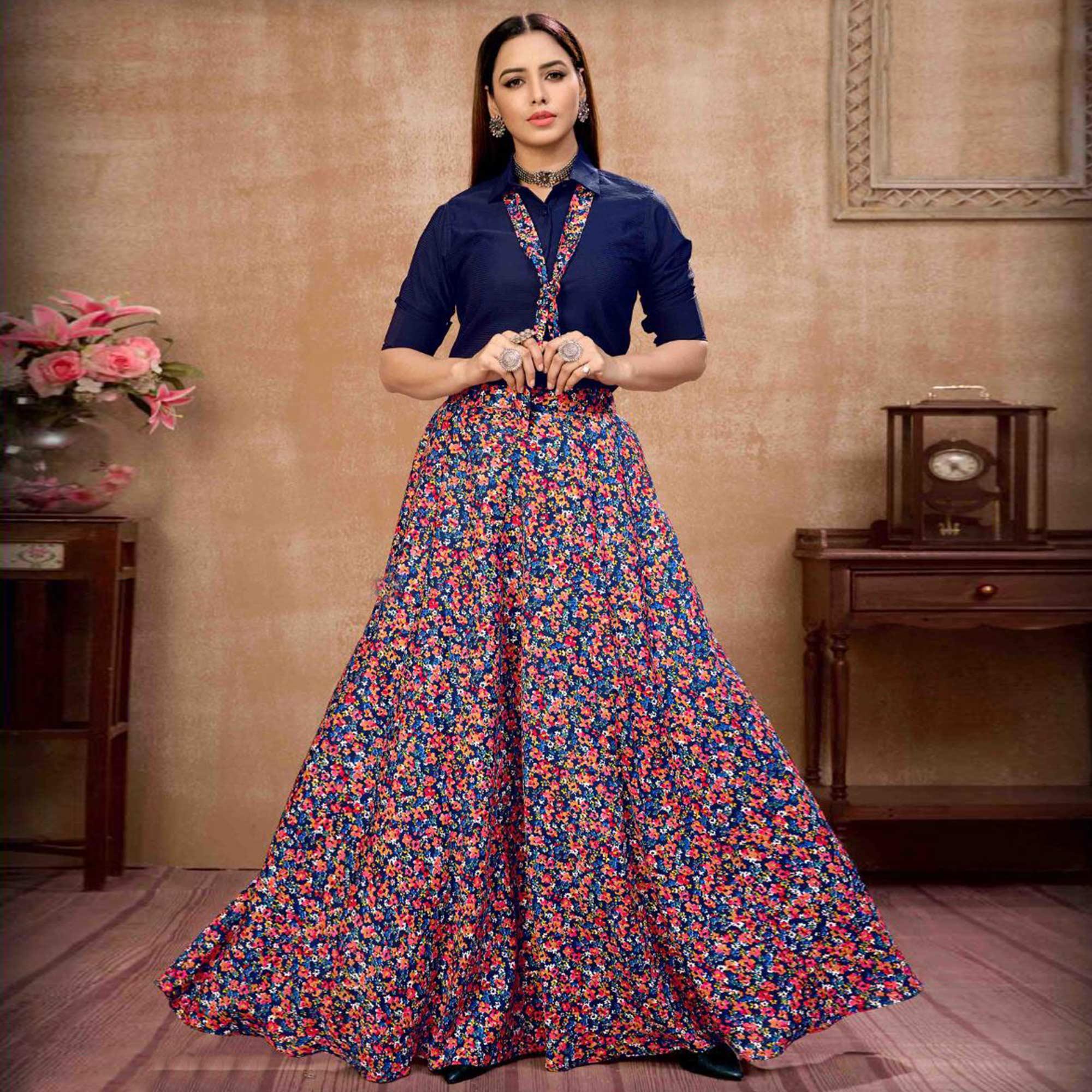 Navy Blue Printed Art Silk Top-Skirt Set - Peachmode