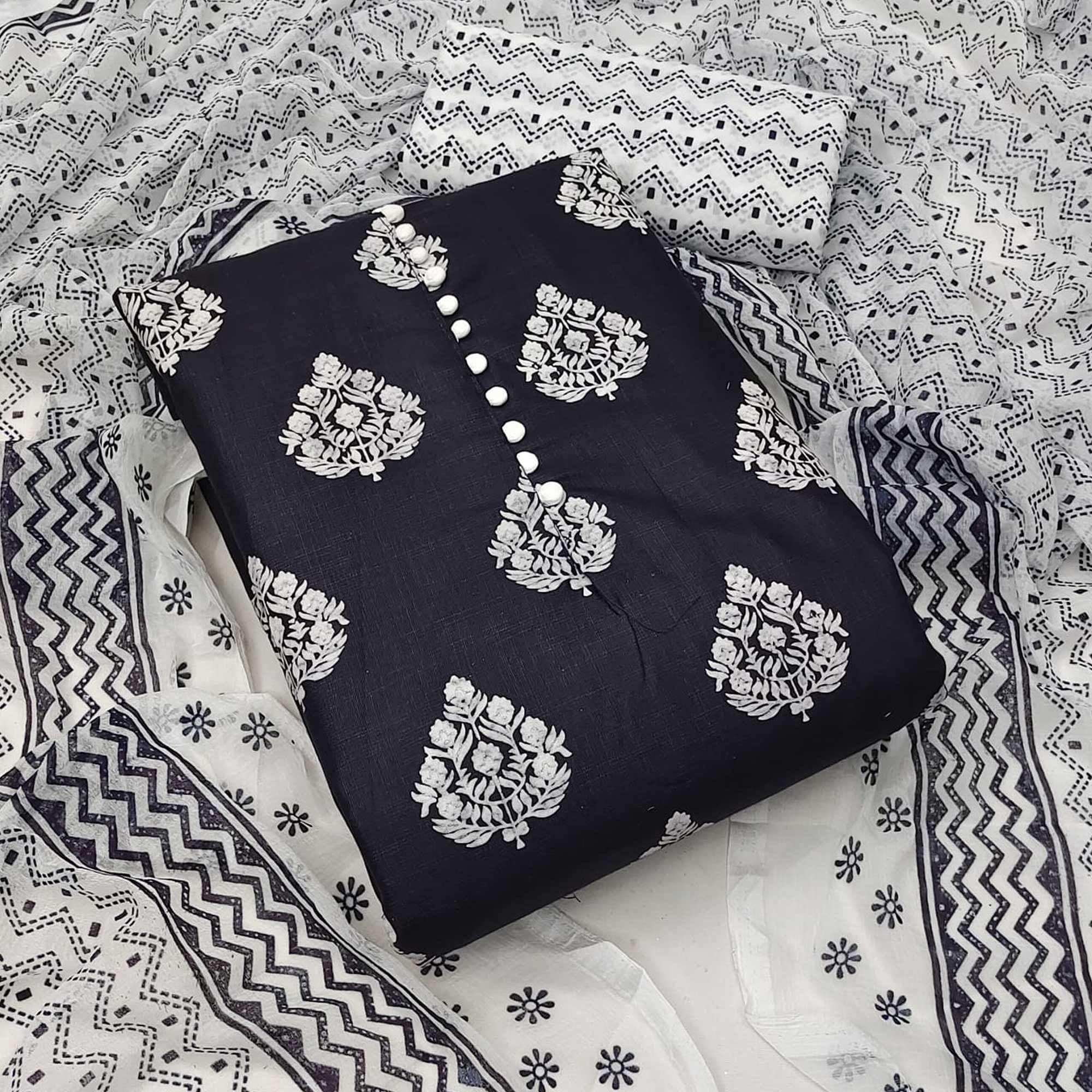 Navy Blue Printed Cotton Dress Material - Peachmode