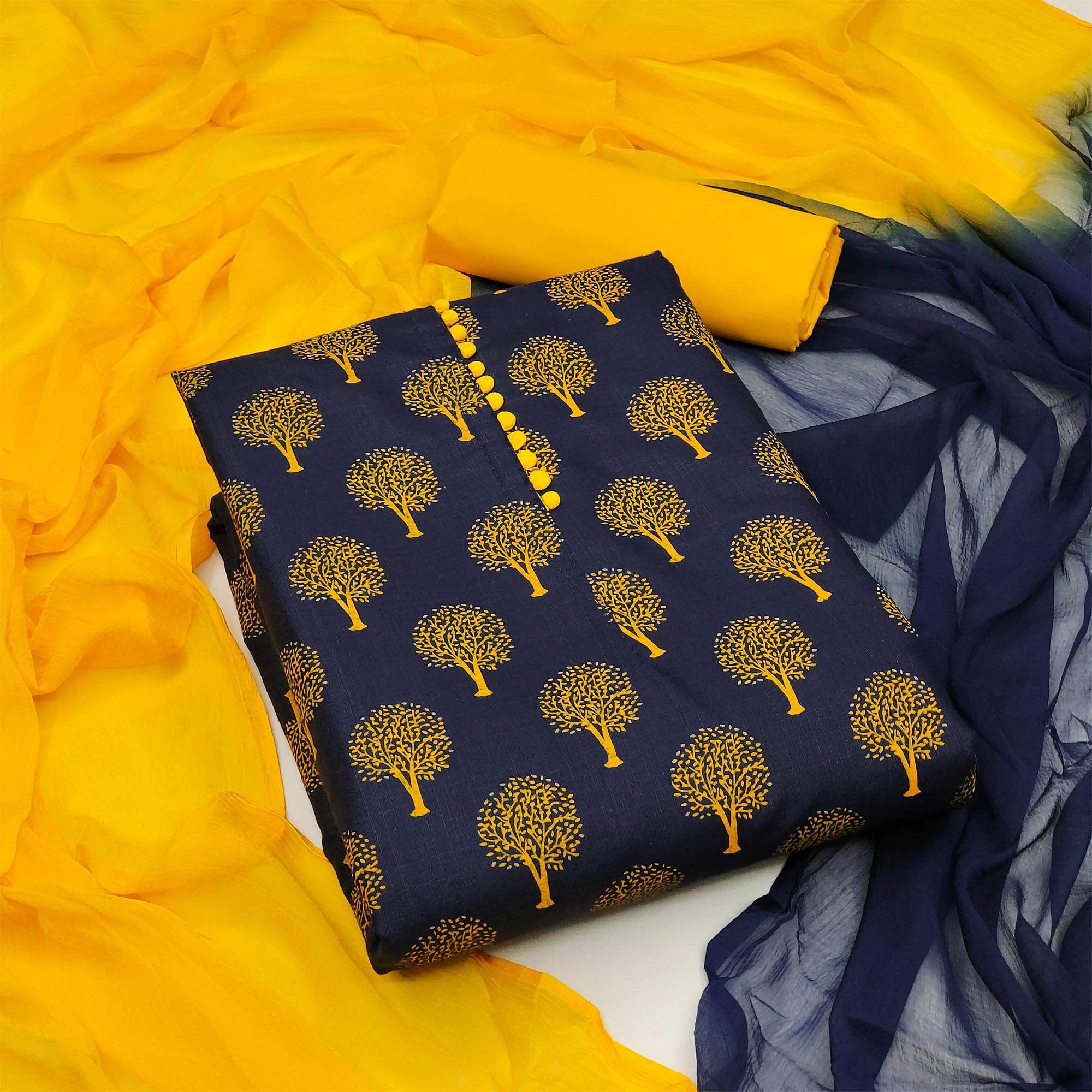 Navy Blue Printed Cotton Dress Material - Peachmode