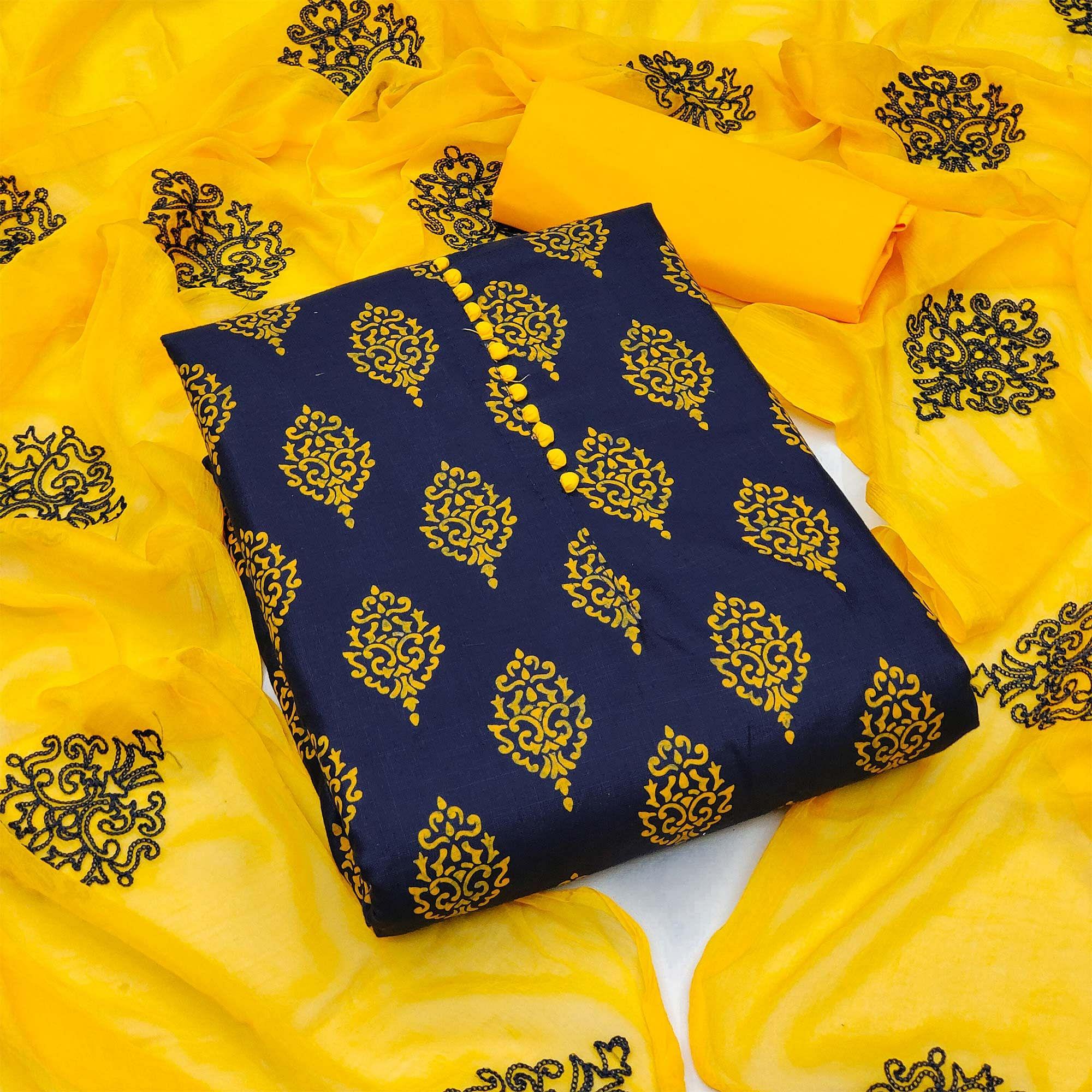 Navy Blue Printed Cotton Dress Material - Peachmode