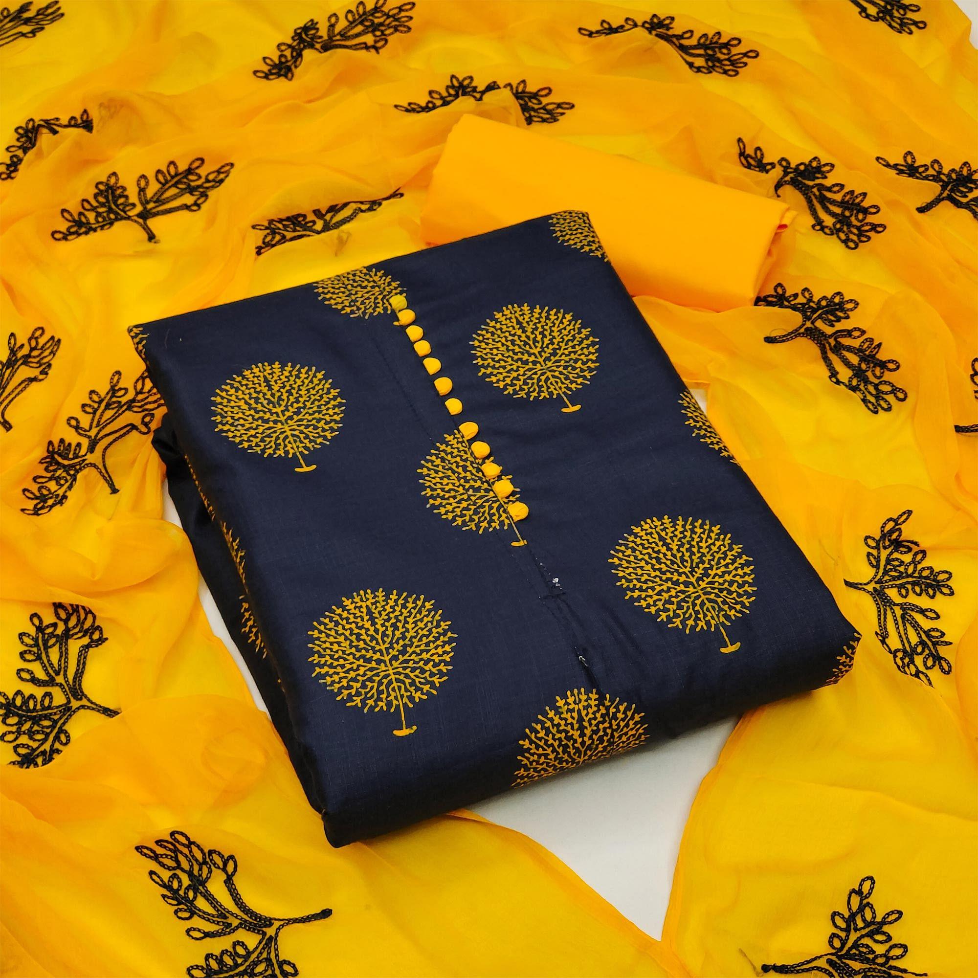 Navy Blue Printed Cotton Dress Material - Peachmode