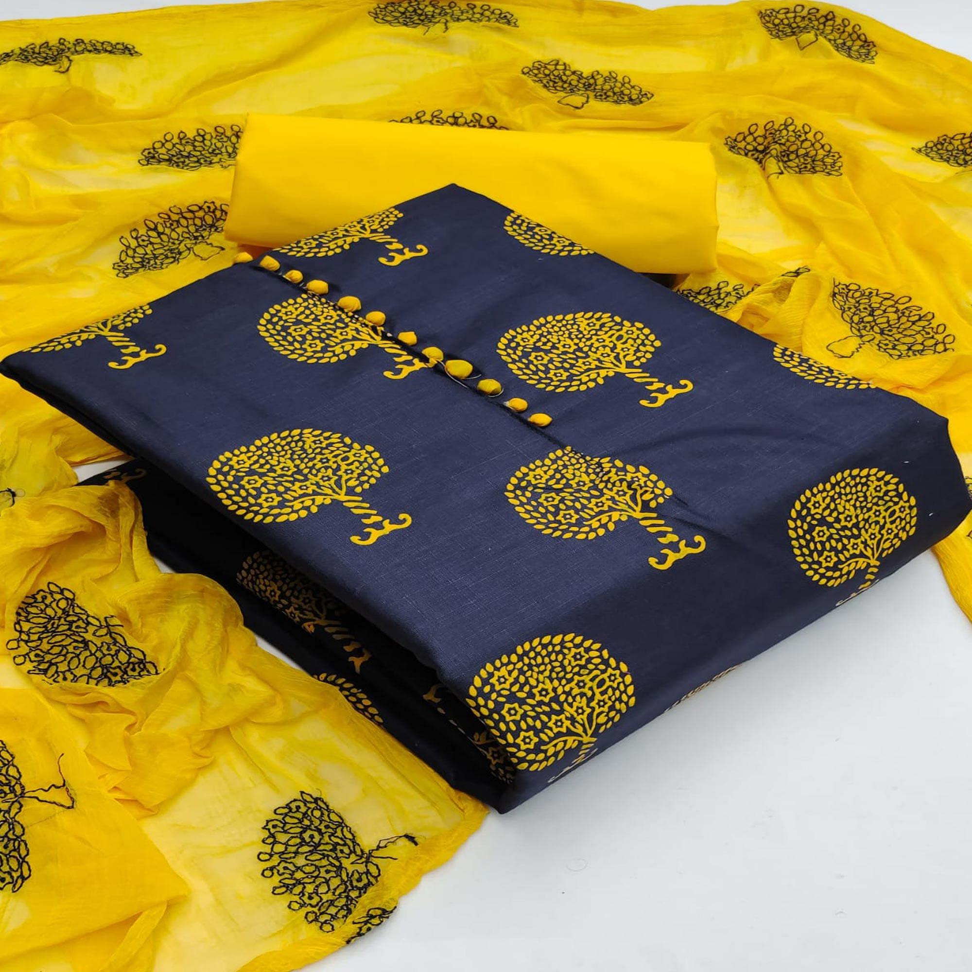 Navy Blue Printed Cotton Dress Material - Peachmode