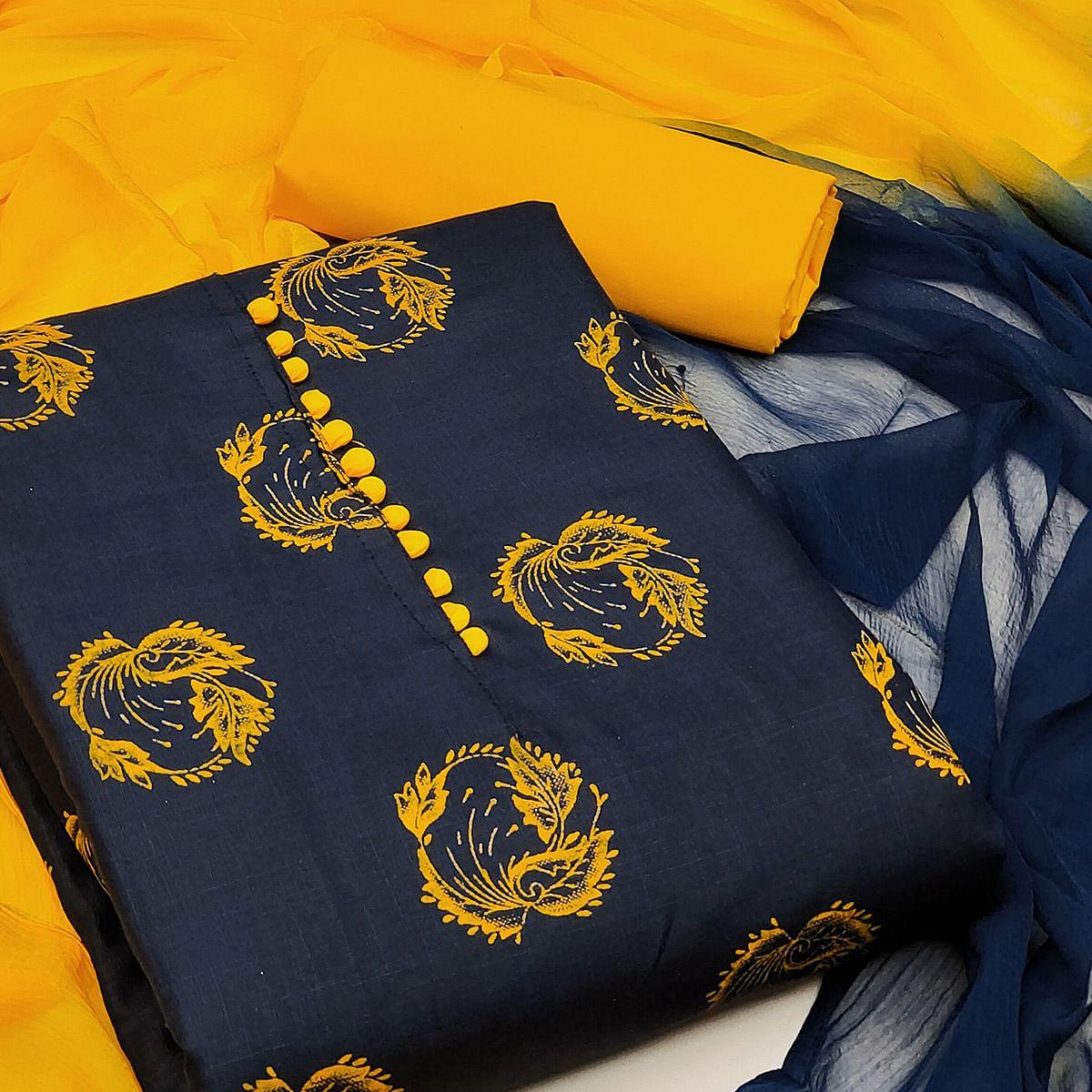 Navy Blue Printed Cotton Dress Material - Peachmode