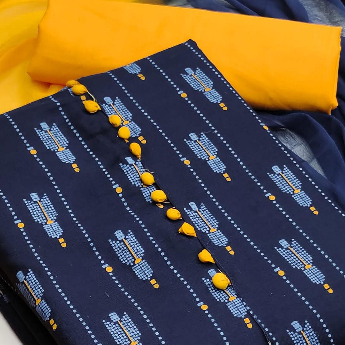 Navy Blue Printed Cotton Dress Material - Peachmode