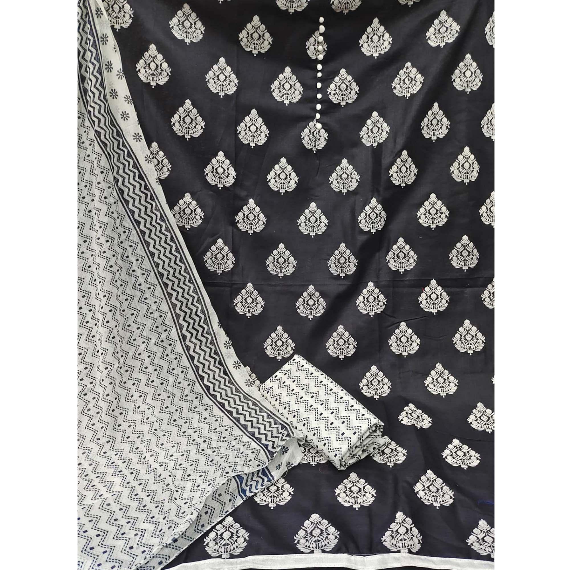 Navy Blue Printed Cotton Dress Material - Peachmode