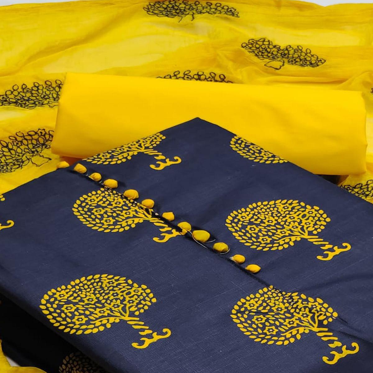 Navy Blue Printed Cotton Dress Material - Peachmode