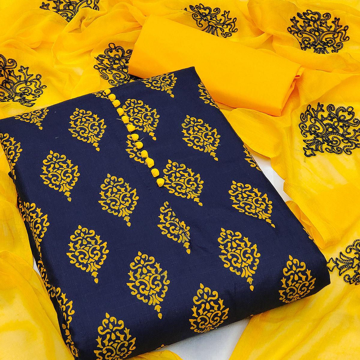 Navy Blue Printed Cotton Dress Material - Peachmode