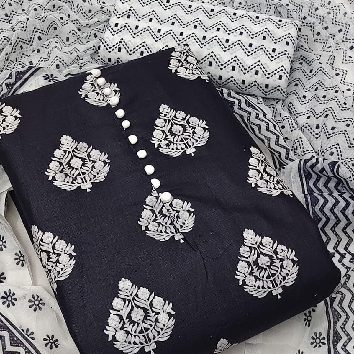 Navy Blue Printed Cotton Dress Material - Peachmode
