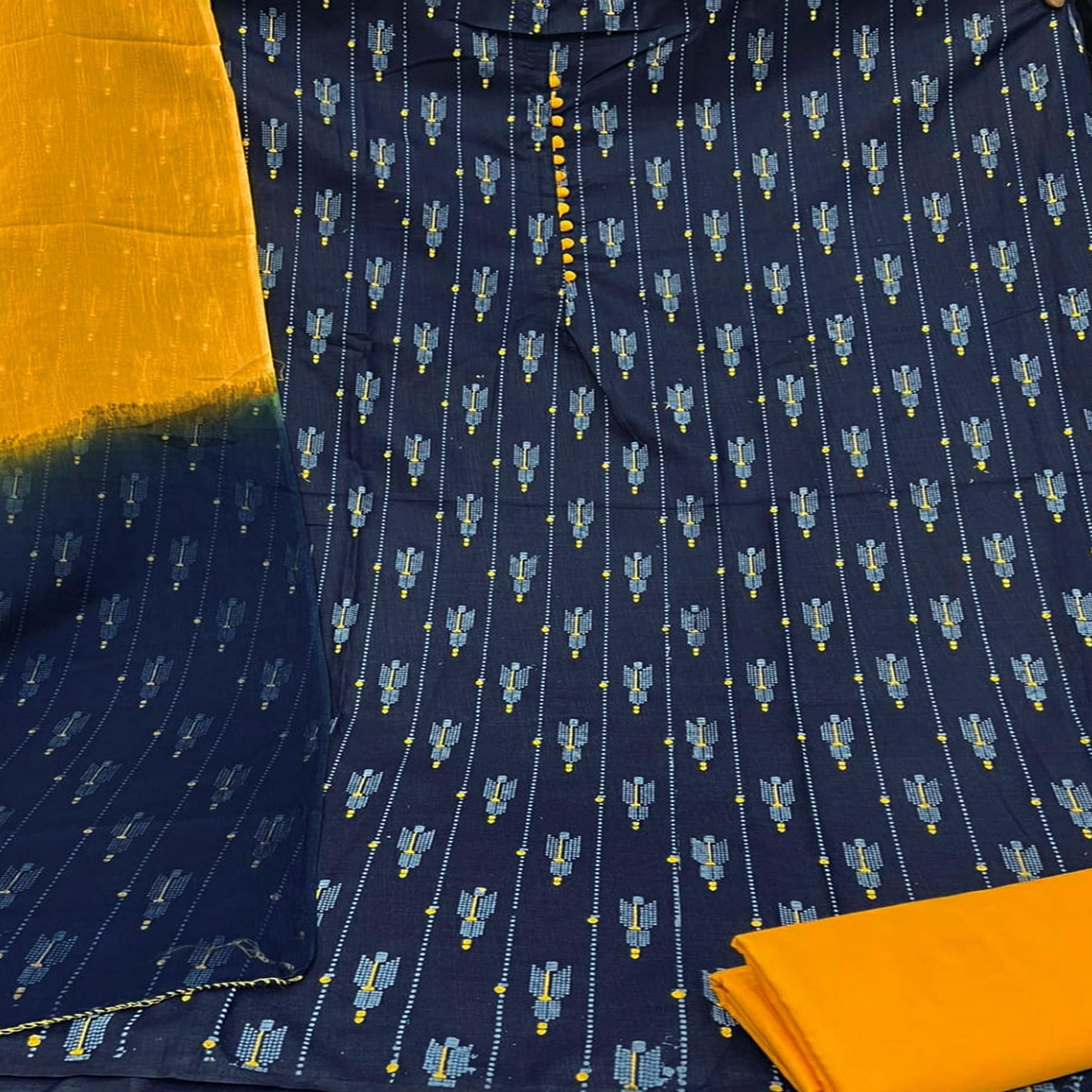 Navy Blue Printed Cotton Dress Material - Peachmode