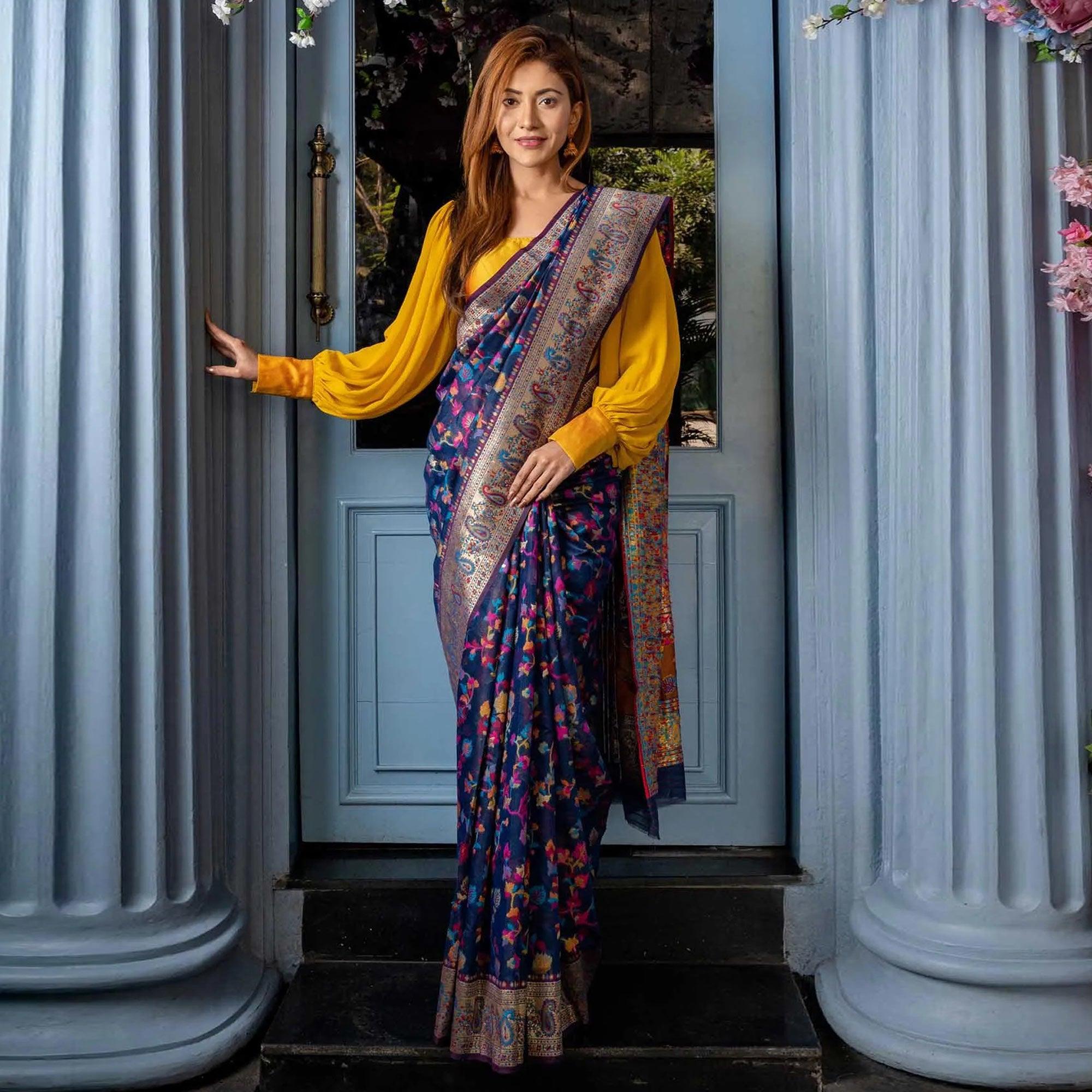 Navy Blue Printed Cotton Silk Saree - Peachmode