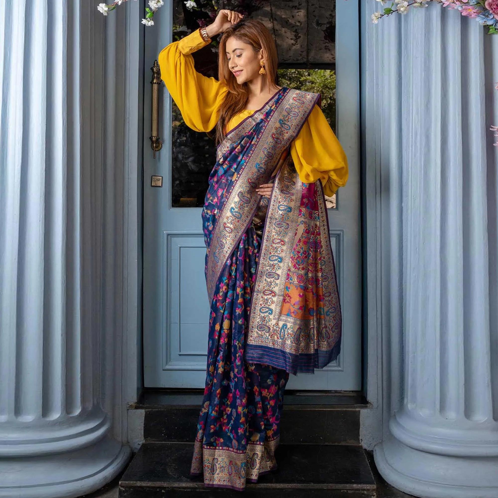 Navy Blue Printed Cotton Silk Saree - Peachmode