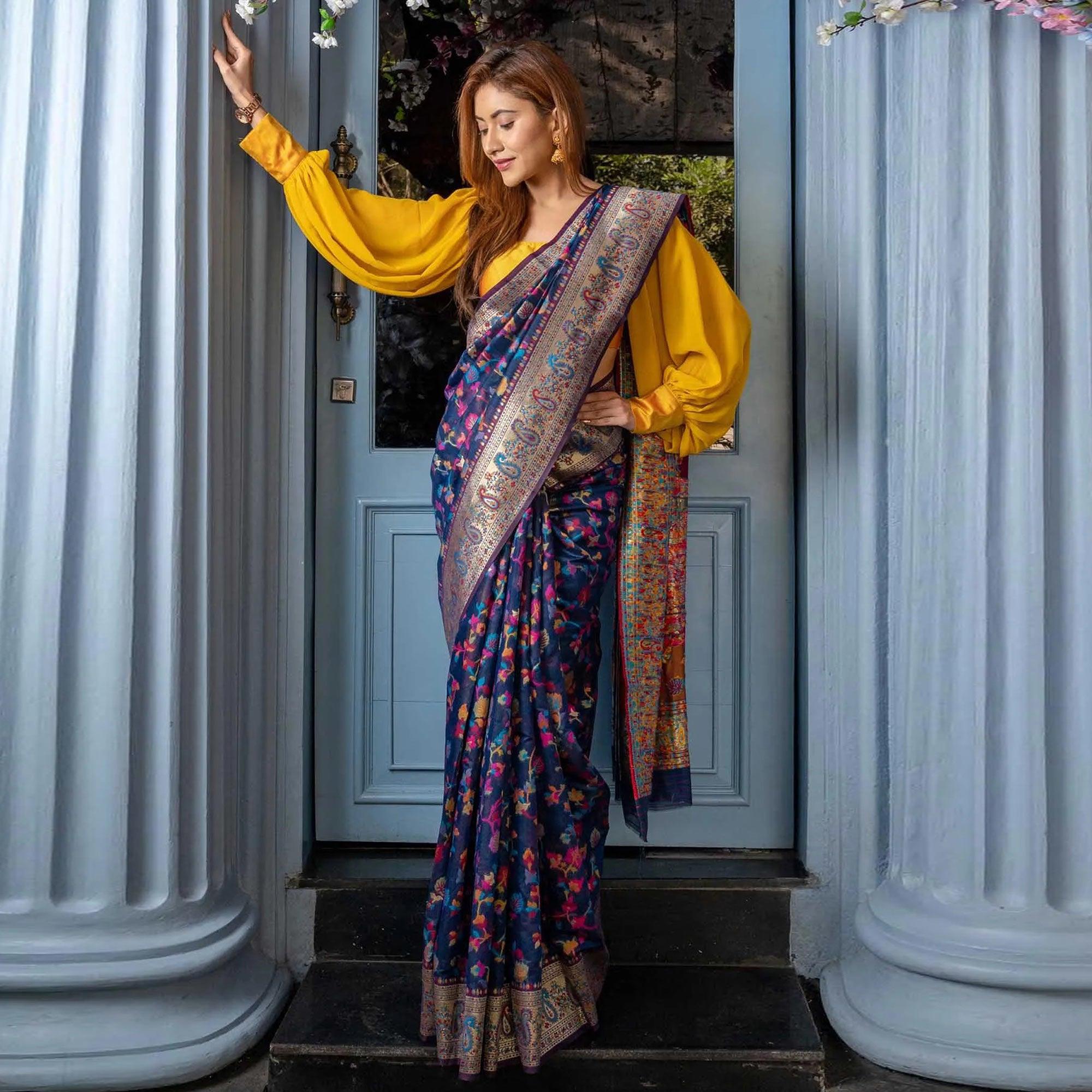 Navy Blue Printed Cotton Silk Saree - Peachmode