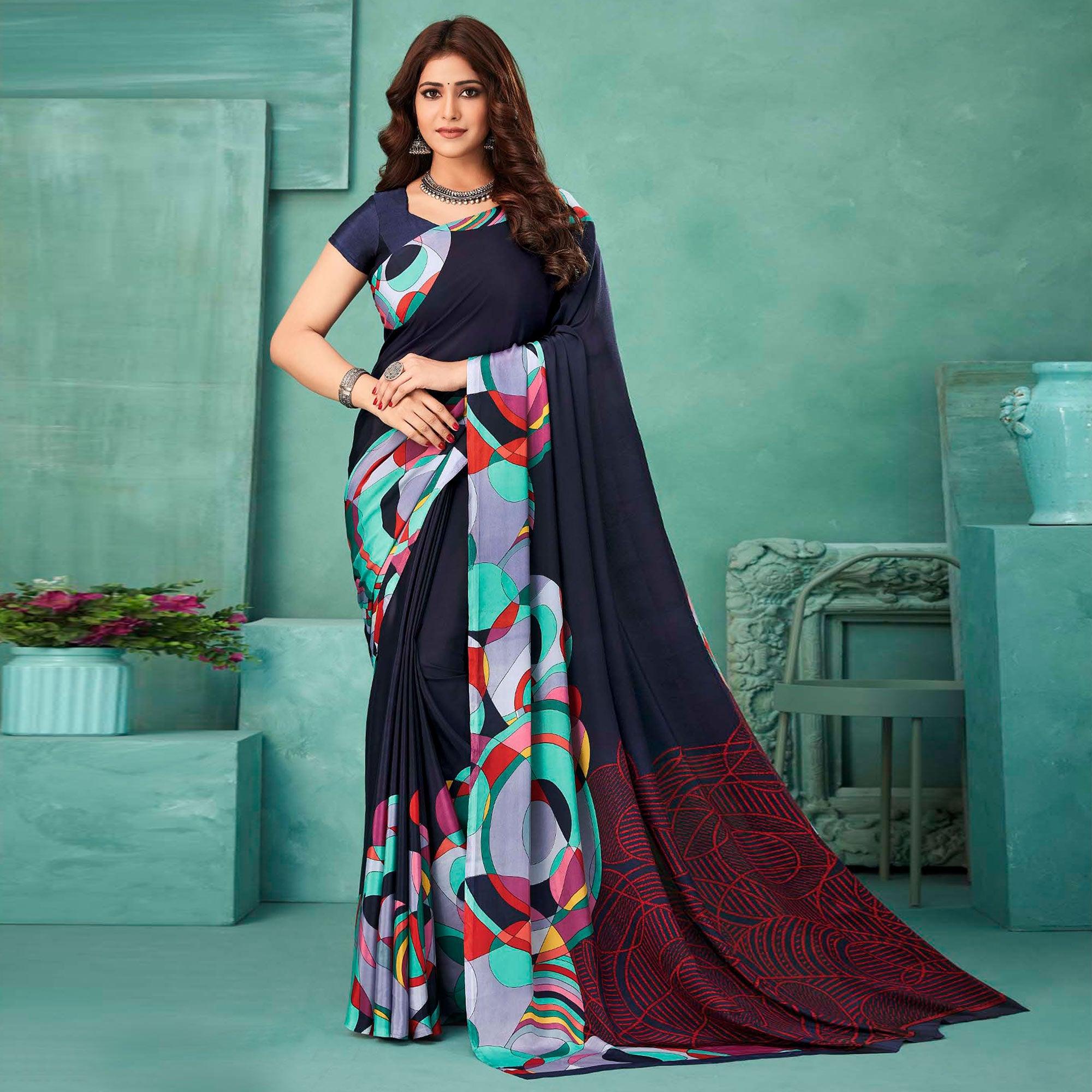 Navy Blue Printed Crepe Saree - Peachmode