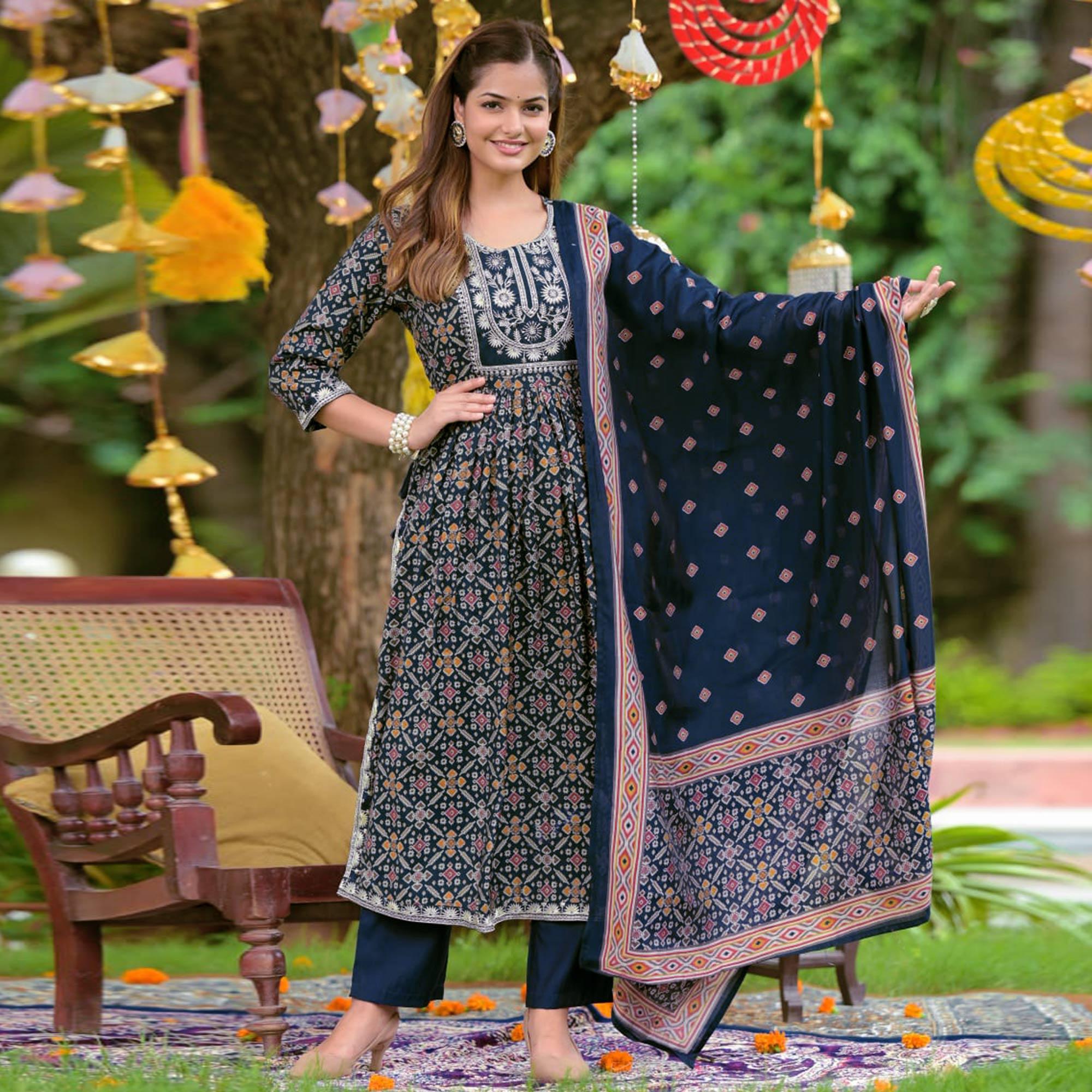 Navy Blue Printed-Embroidered Muslin Anarkali Suit - Peachmode