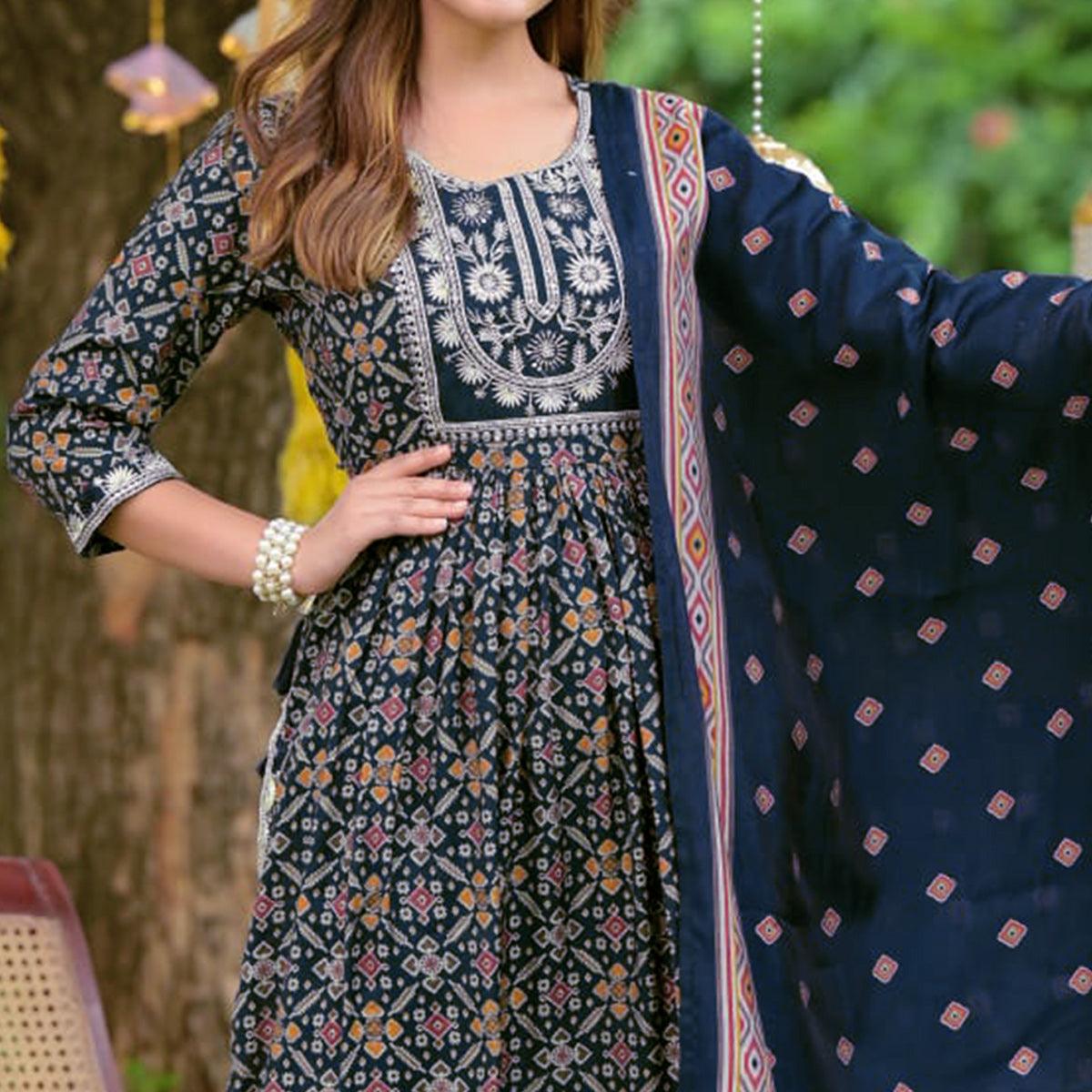 Navy Blue Printed-Embroidered Muslin Anarkali Suit - Peachmode