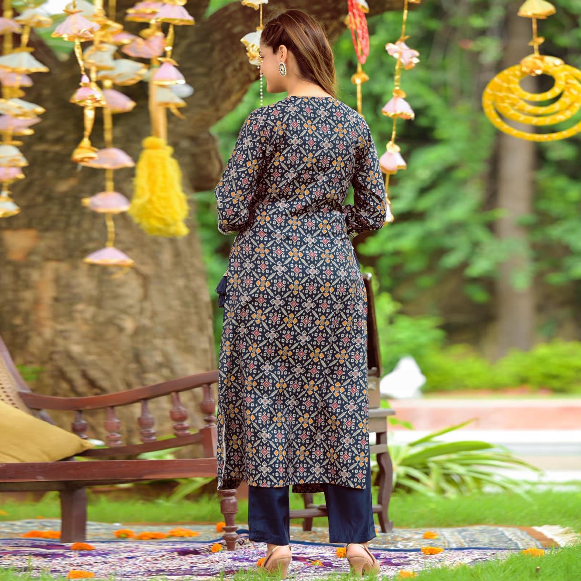 Navy Blue Printed-Embroidered Muslin Anarkali Suit - Peachmode