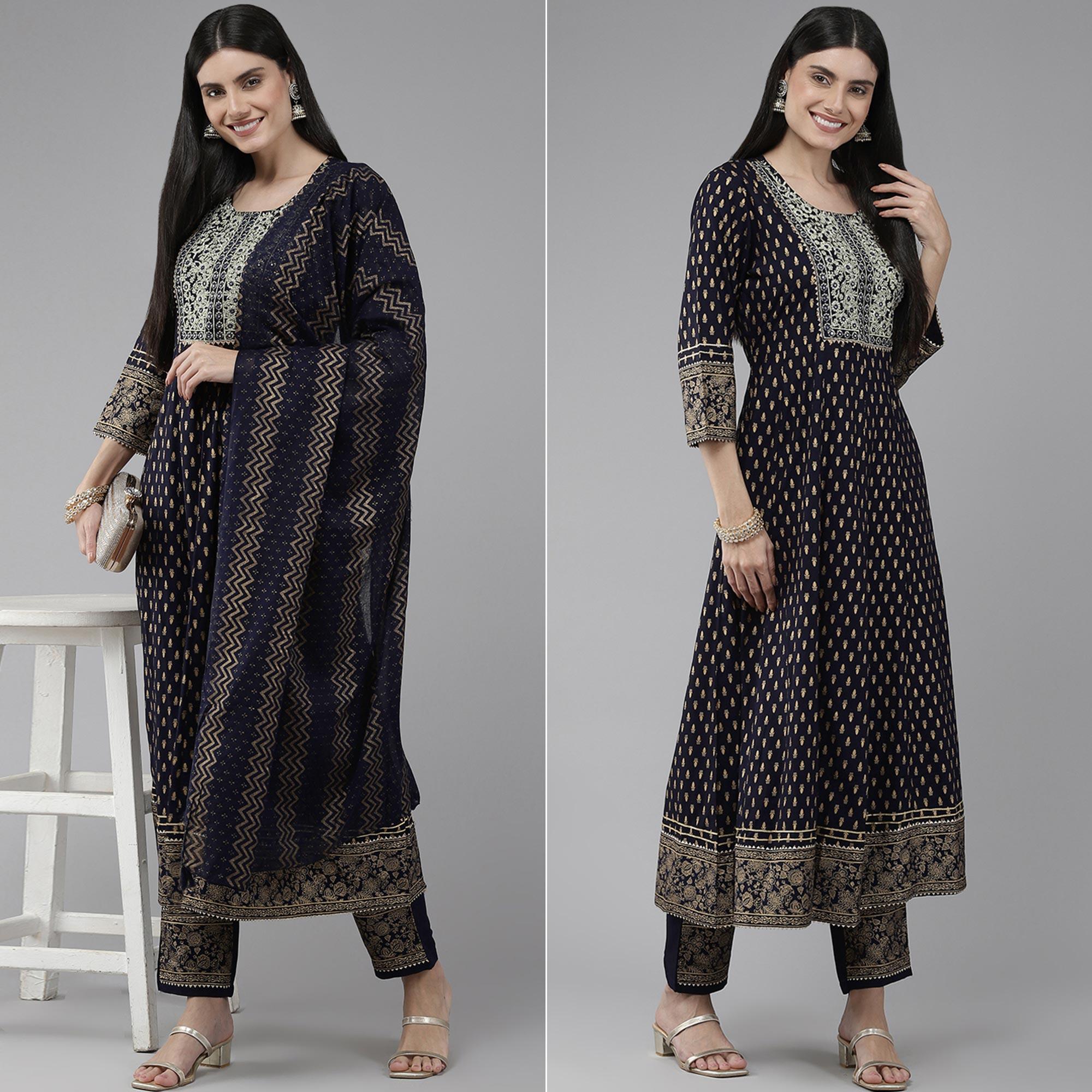 Navy Blue Printed-Embroidered Rayon Anarkali Suit - Peachmode