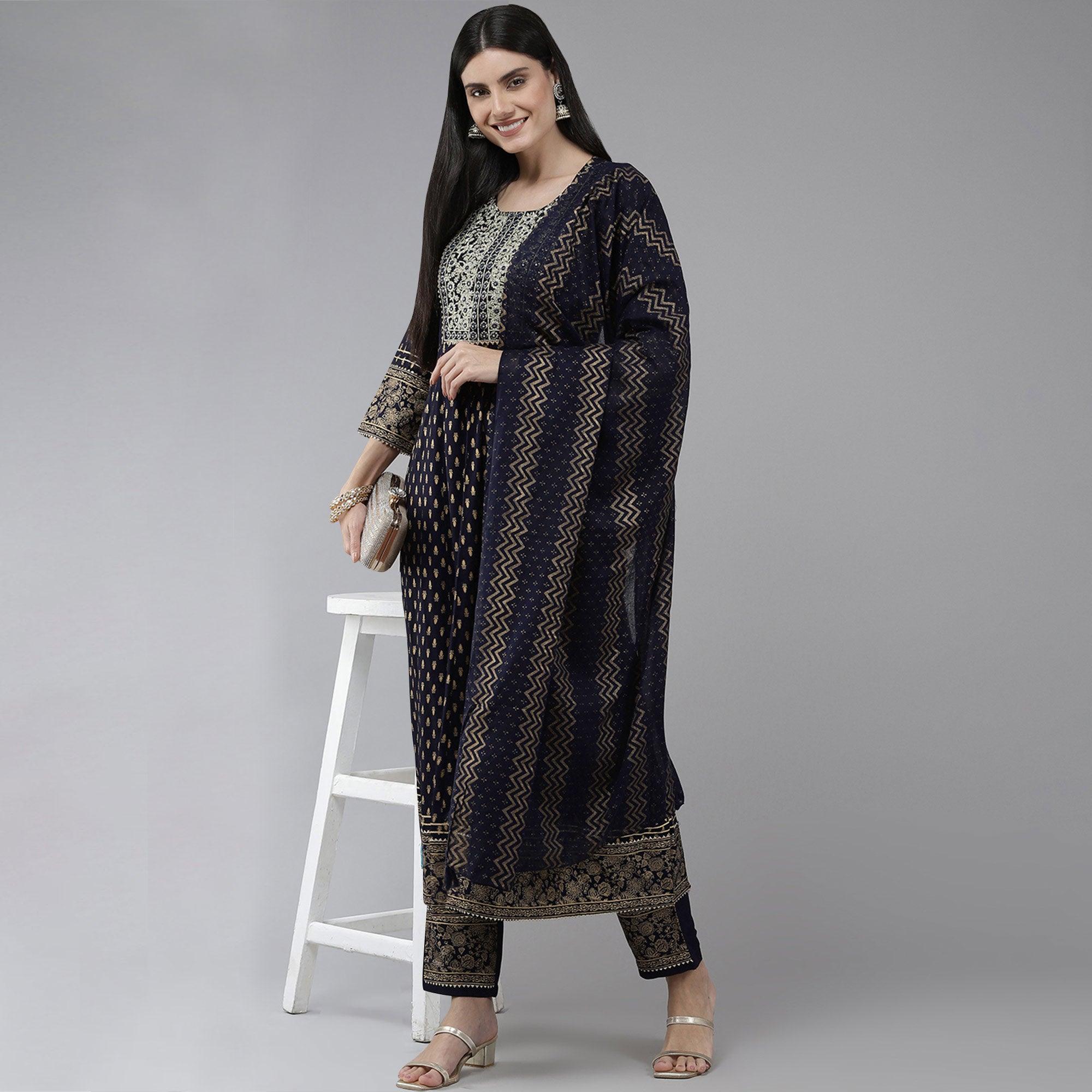 Navy Blue Printed-Embroidered Rayon Anarkali Suit - Peachmode