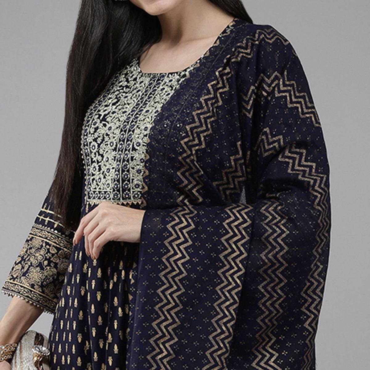 Navy Blue Printed-Embroidered Rayon Anarkali Suit - Peachmode