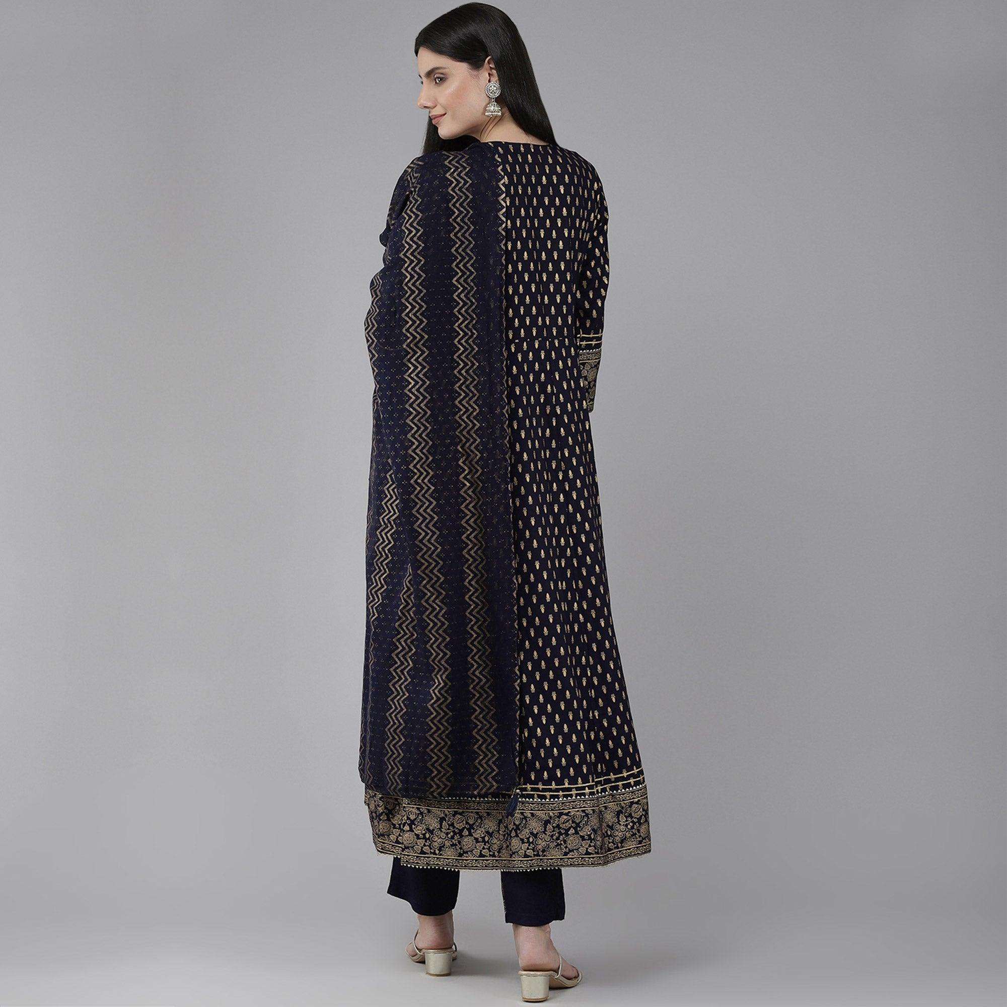 Navy Blue Printed-Embroidered Rayon Anarkali Suit - Peachmode